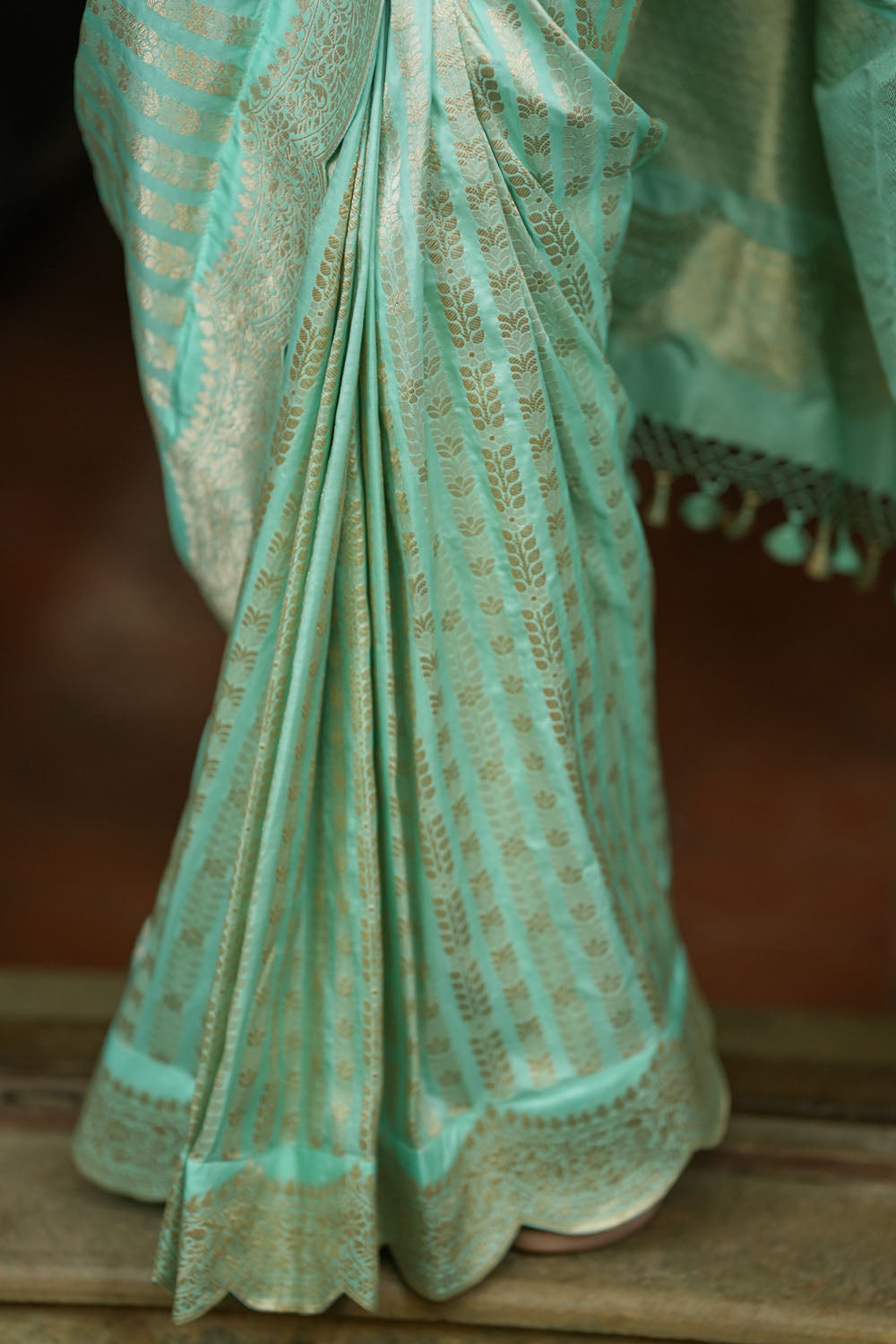 Unique Scalloped Borders Pure Brocade Banarasi Katan Silk Saree in Pastel Sea Green | SILK MARK CERTIFIED