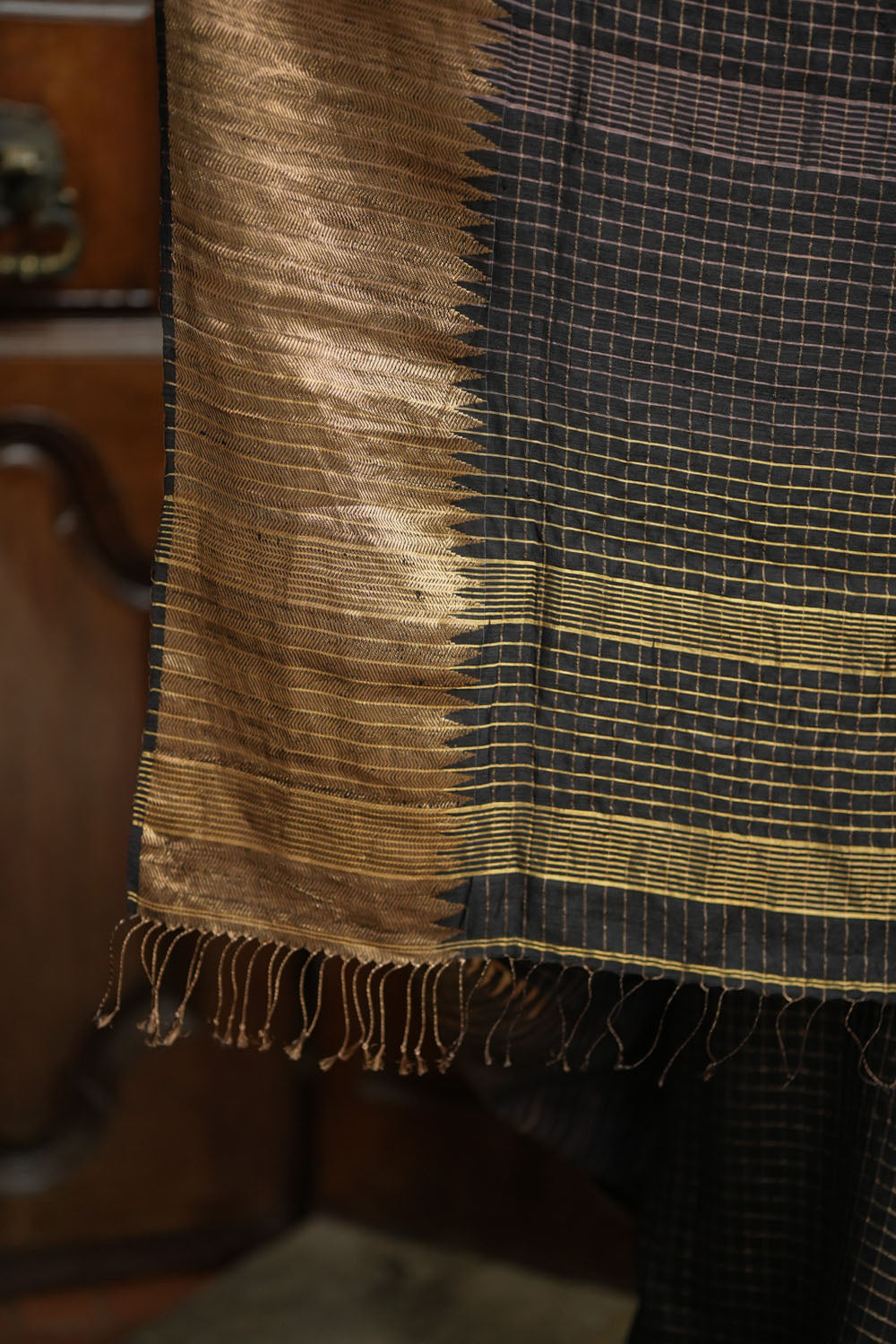 Matka Silk Saree in Black with Zari Checks and Wide Zari Temple Border | SILK MARK CERTIFIED
