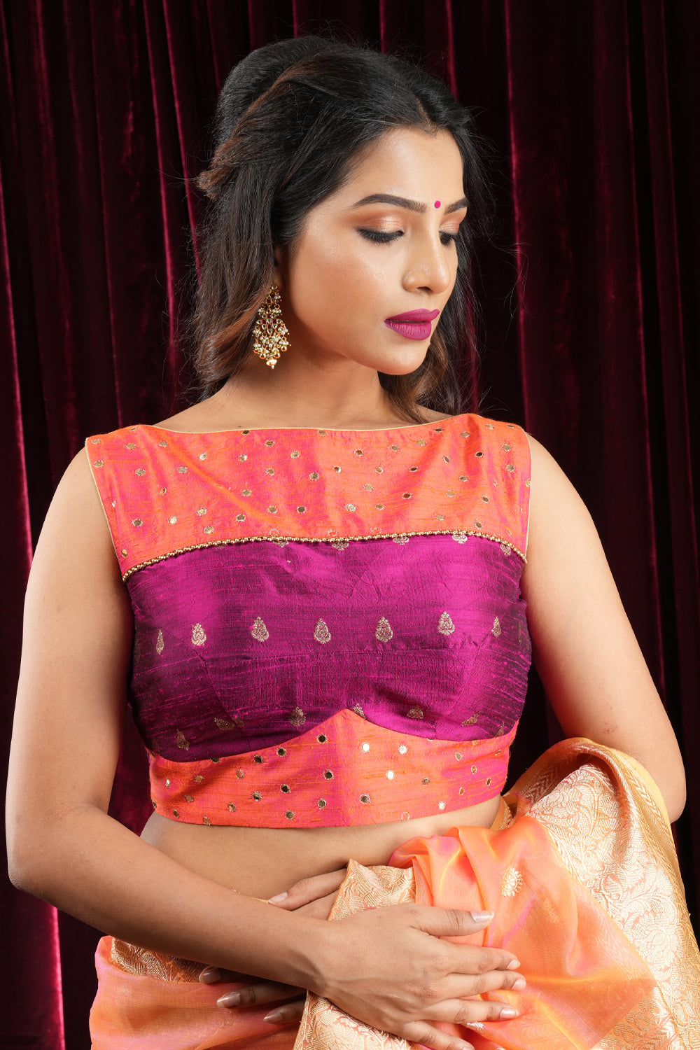 Pure rawsilk blouse with mirror yoke and tie back