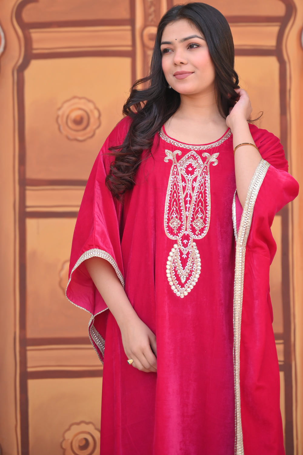 Mumtaz Velvet Kaftan in Rani Pink with Handwork on Yoke | Made To Order