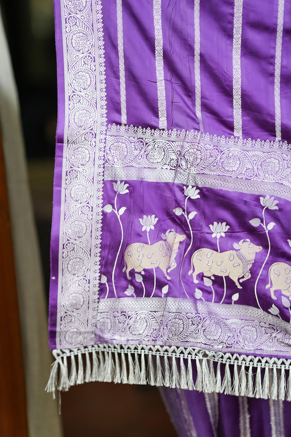 Purple viscose Satin Saree With Silver Zari Stripes and Pichwai Pallu