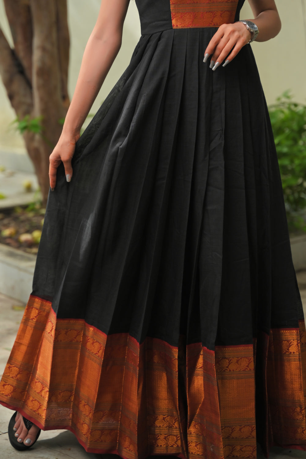 Kajal - Black, Red and Gold Narayanpet Cotton Gown with Wide Zari border and sequin Yoke handwork | Made To Order