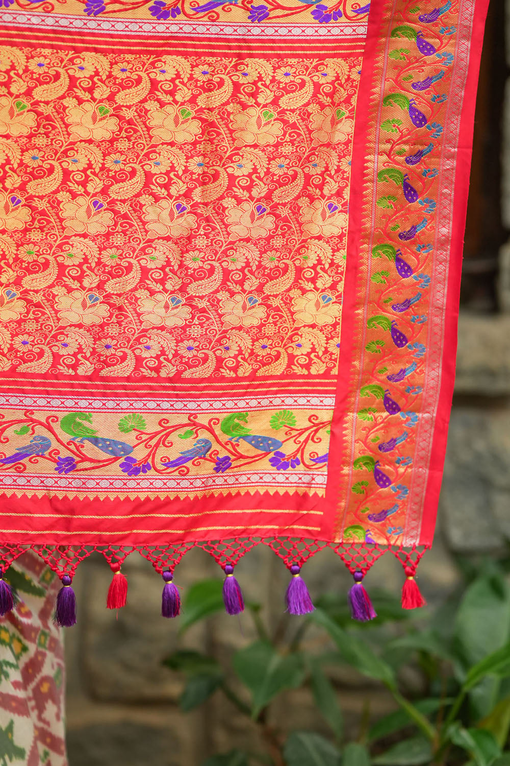 White & red exquisite Ikkat patola kanjivaram saree with paithani wide border