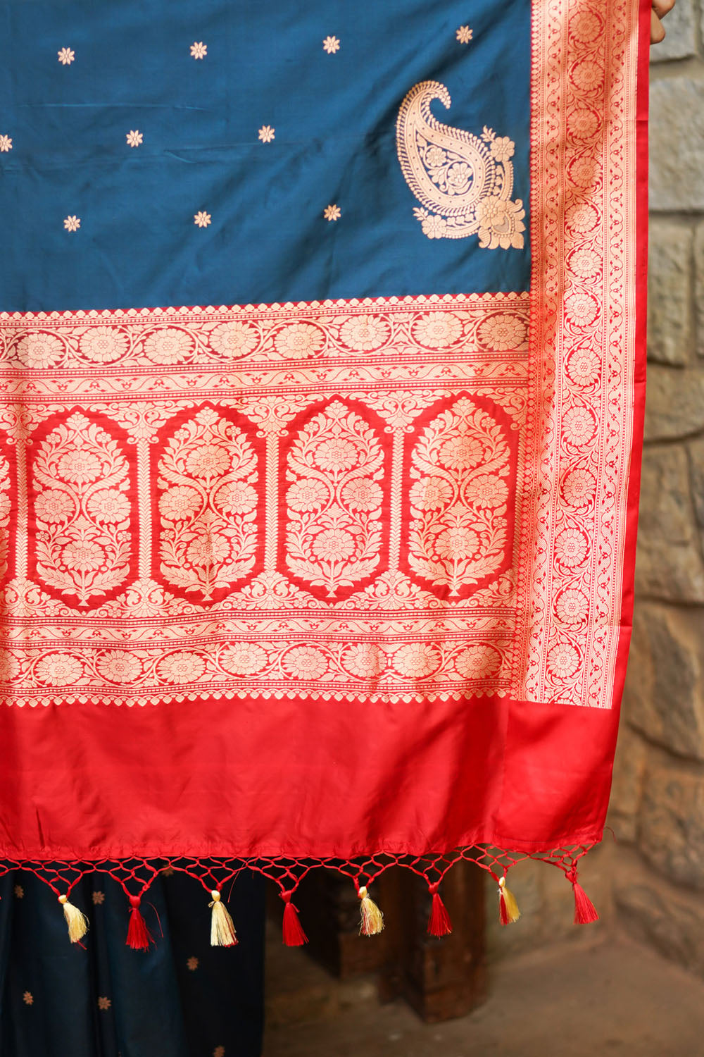 Prussian Blue Banarasi Katan Silk Saree with Chunri Buttis and Koniya Motifs | SILK MARK CERTIFIED