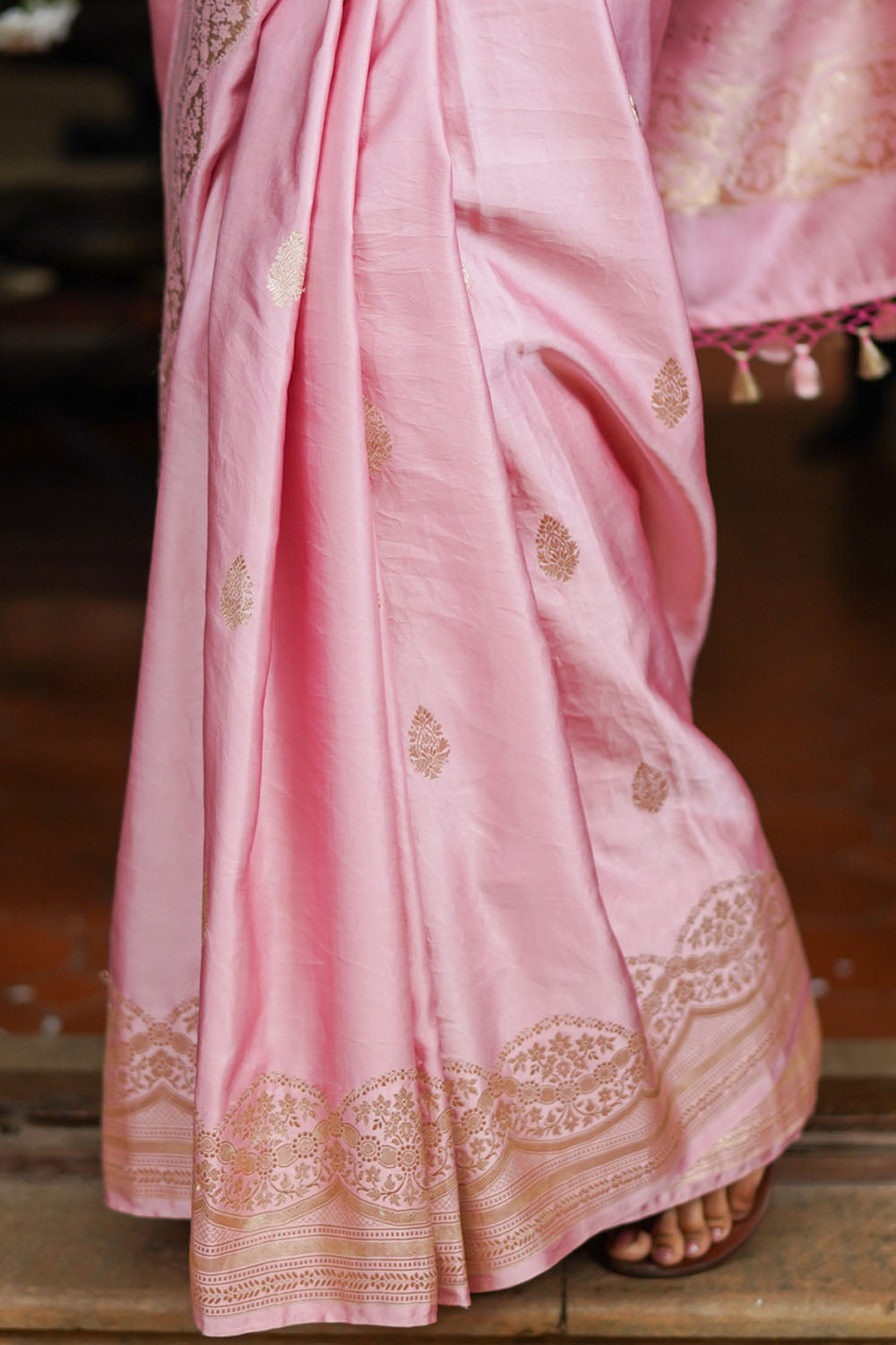 Banarasi Mashru Silk Saree in Pink & Gold with Zari Buttas & Scalloped border | SILK MARK CERTIFIED