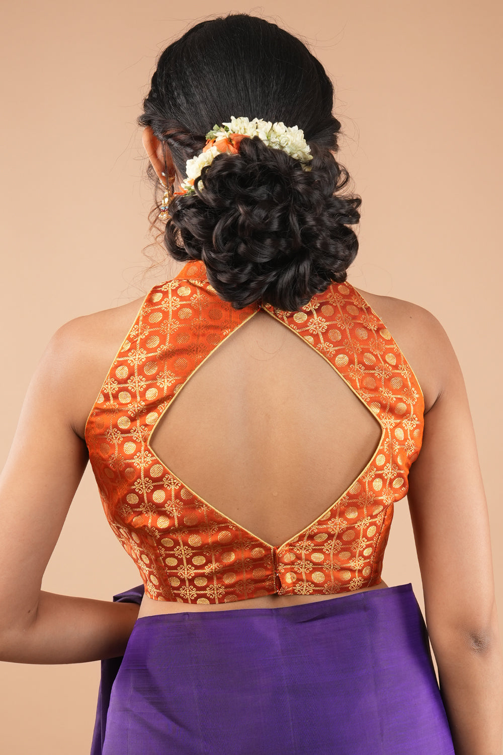 Sunset Orange Pure kanjivaram silk zari brocade halter neck blouse