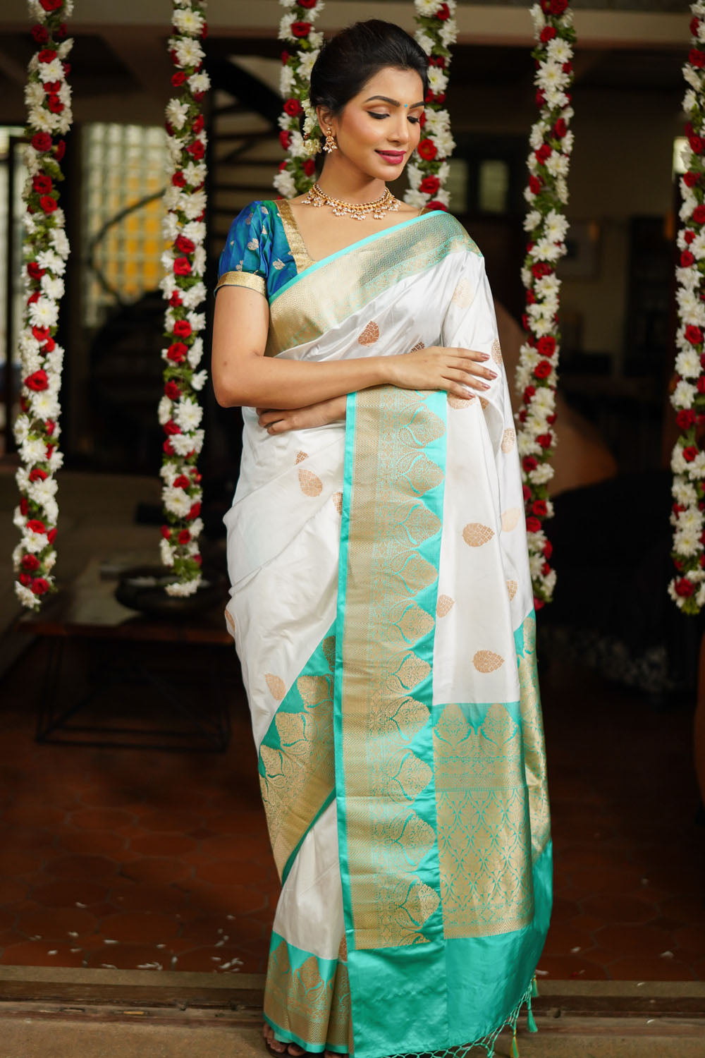 White Banarasi Katan Silk Saree with Zari Motifs | SILK MARK CERTIFIED