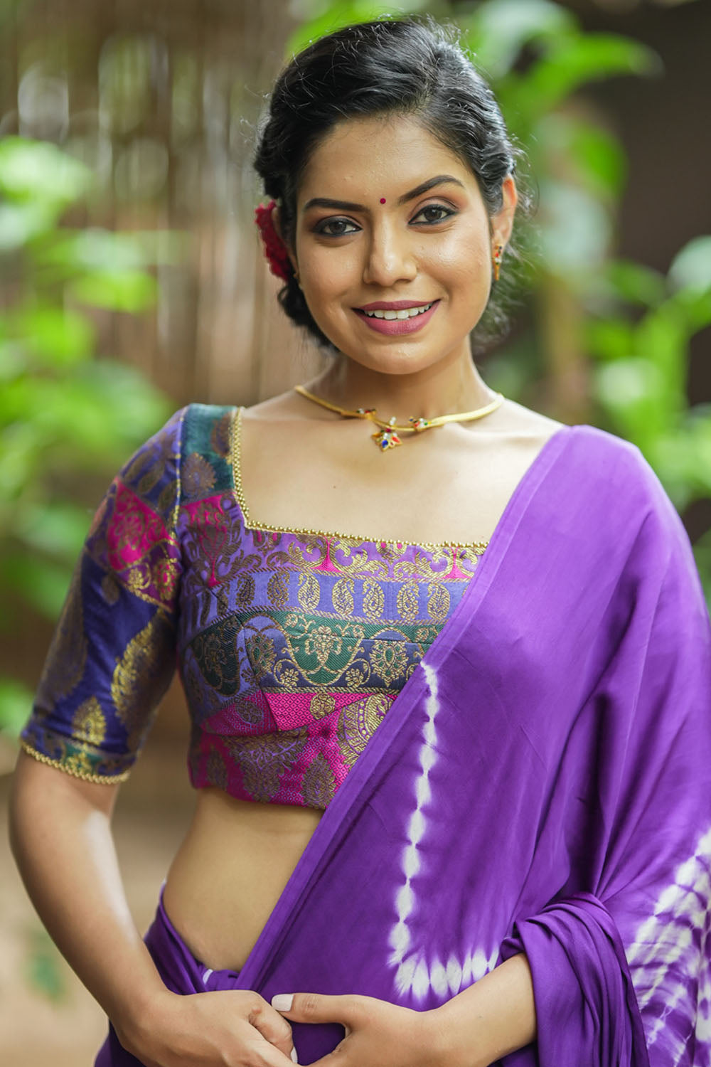 Purple and pink banarasi brocade square neck blouse