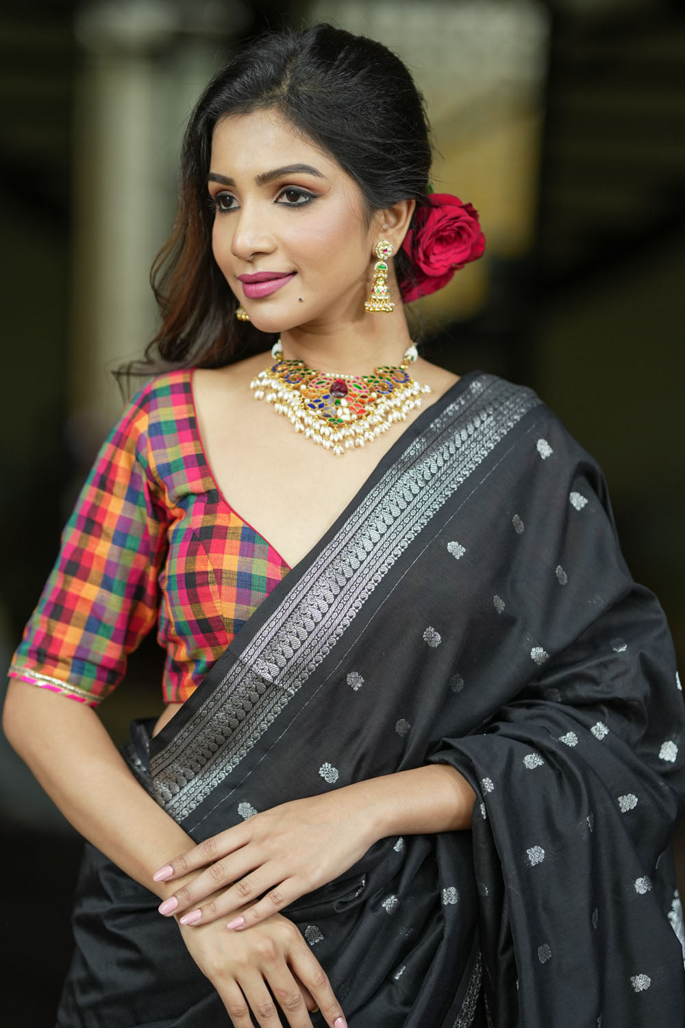 Multicolor front tie V neck blouse