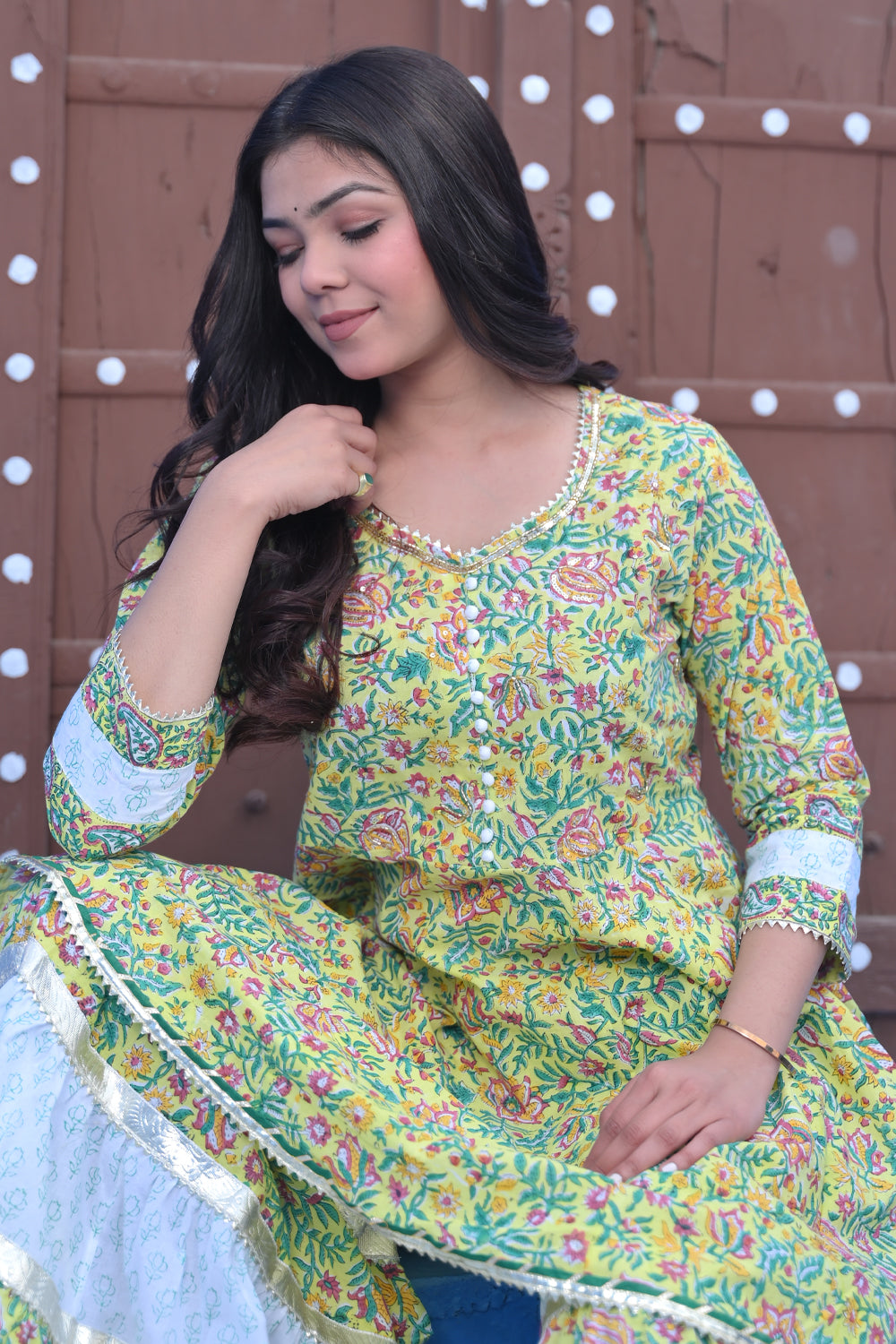 Lime Lotus Kurti and flair Sharara Cotton Set with Lace detailing border| Made To Order