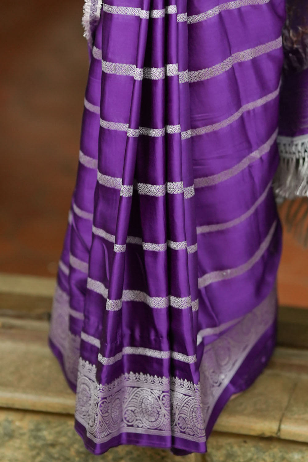 Purple viscose Satin Saree With Silver Zari Stripes and Pichwai Pallu