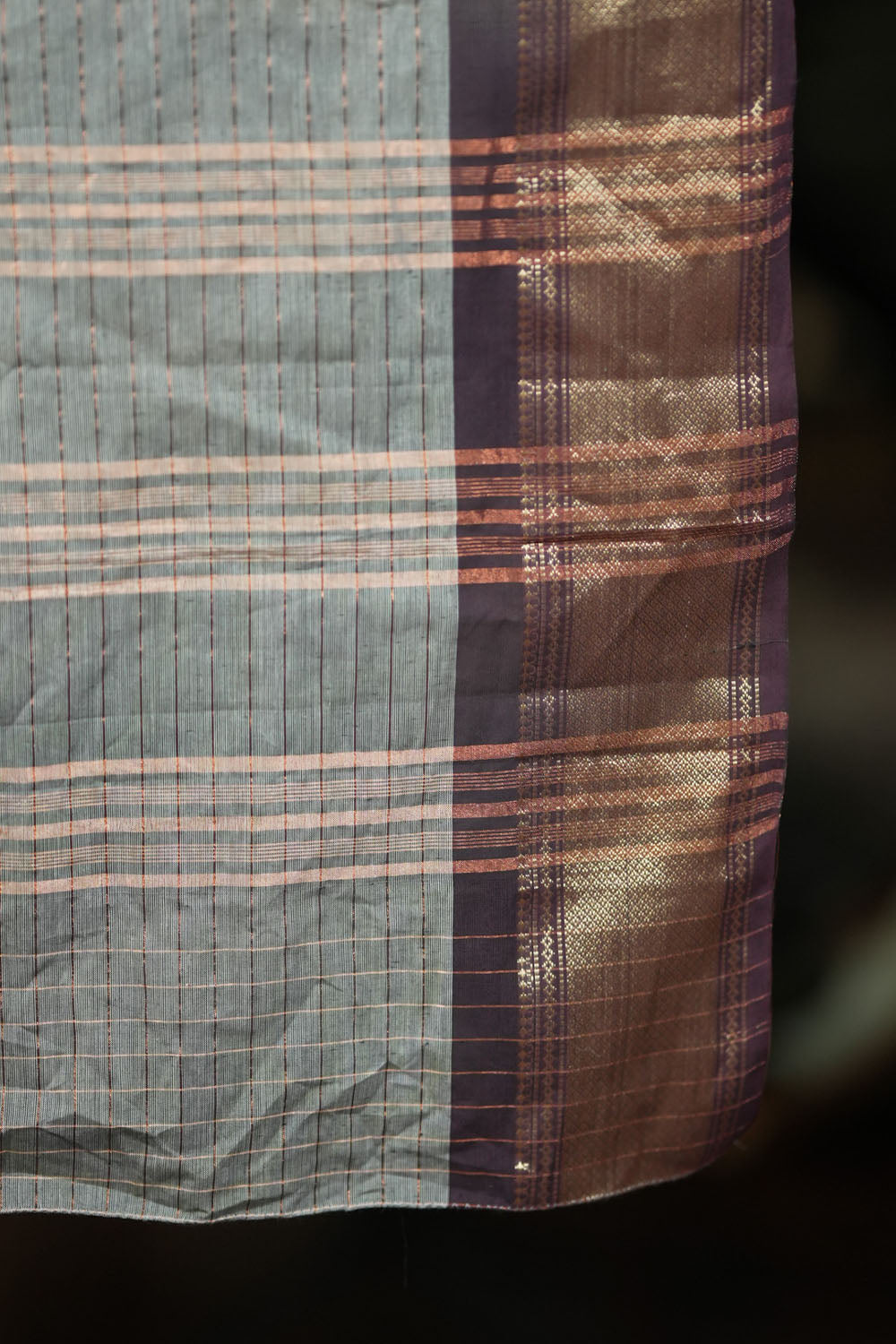 Grey & brown chettinadu Cotton Zari Checks Saree