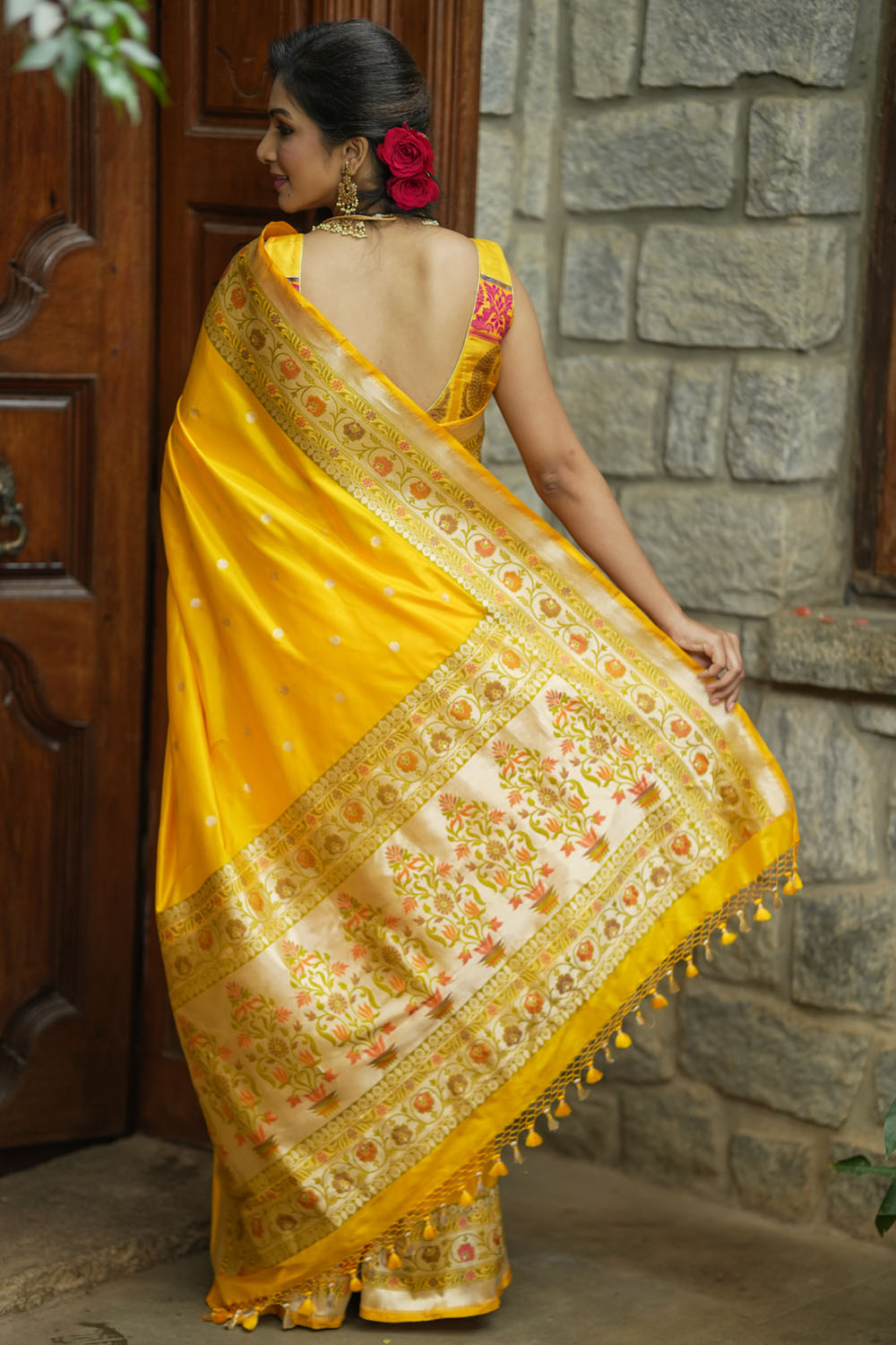 Yellow banarasi katan silk saree with paithani border