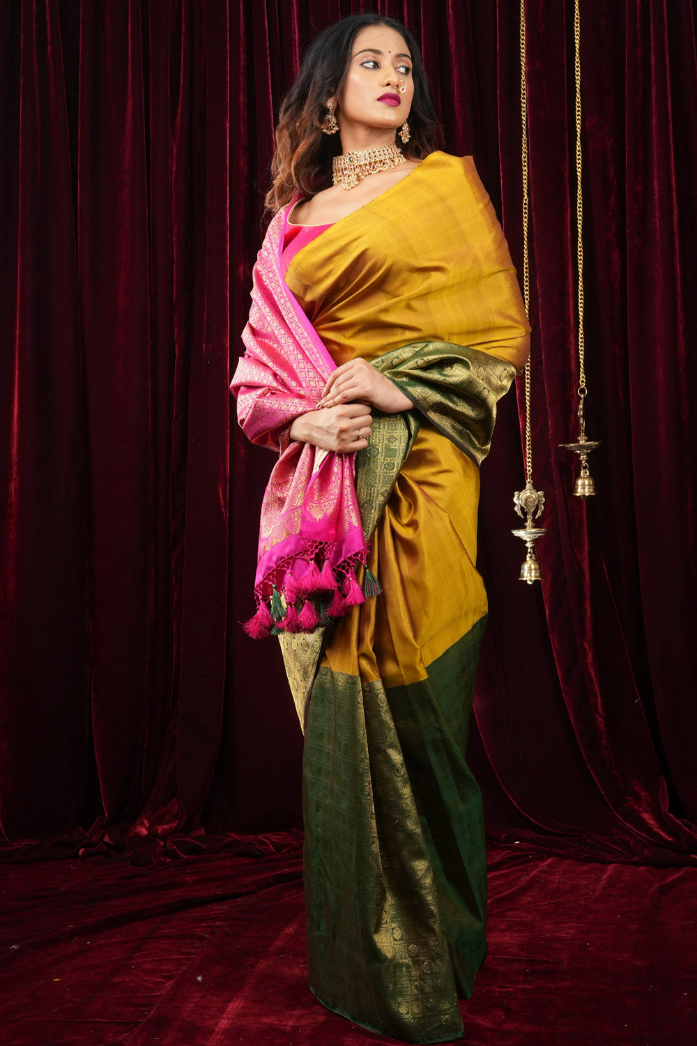 Preorder : Mustard and Green Stunning Half Border Kanjivaram Pure Silk saree with Pink Pallu| SILK MARK CERTIFIED