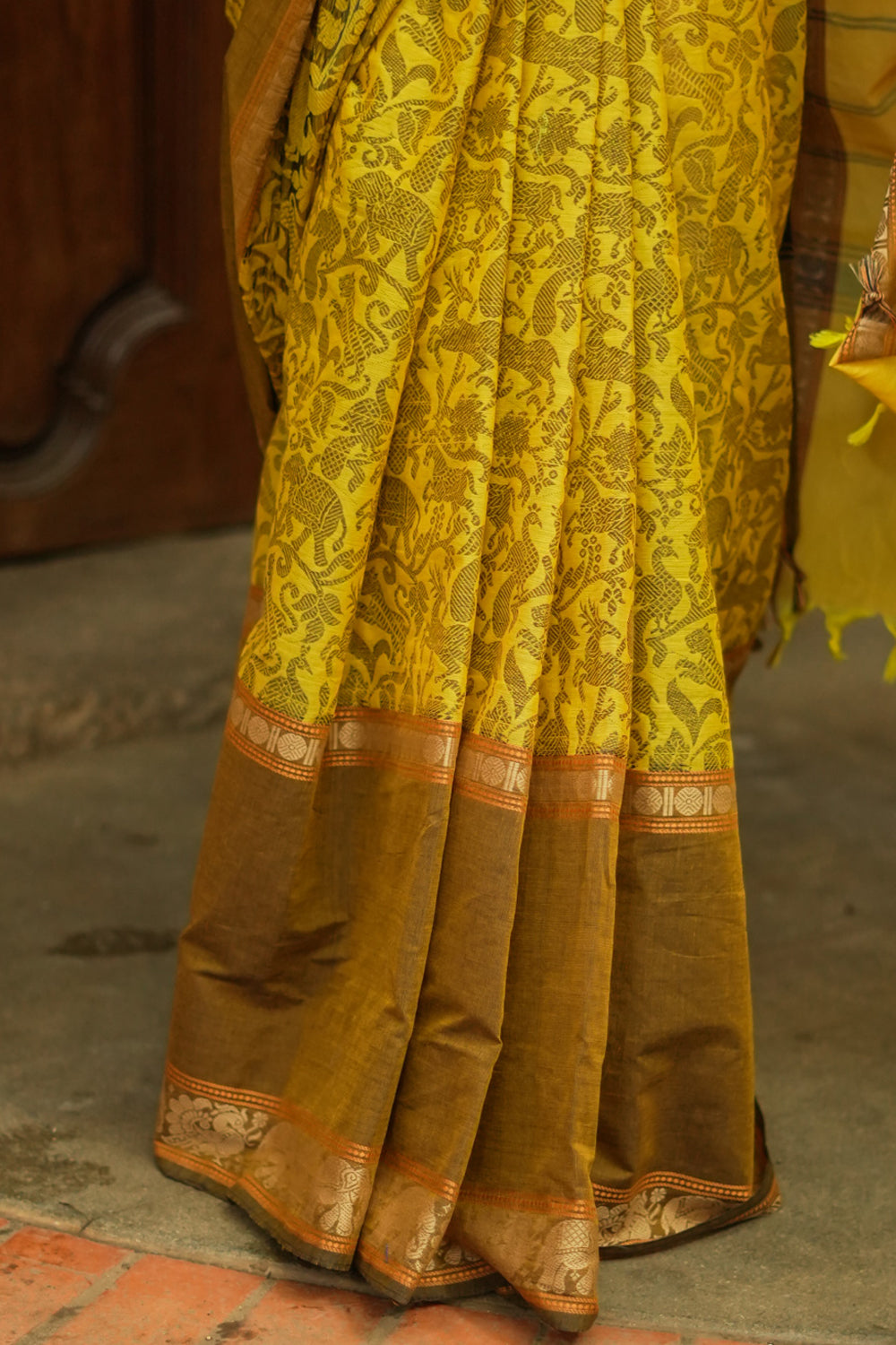 Methi yellow and brown chettinad cotton saree