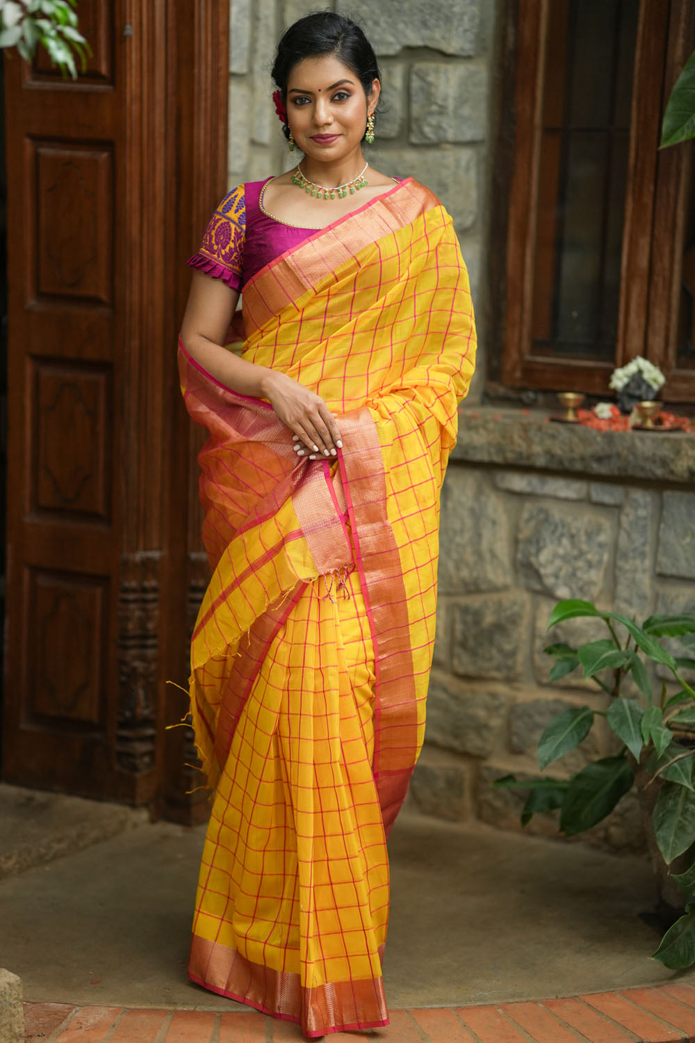 Yellow Red handwoven maheswari silk cotton Saree