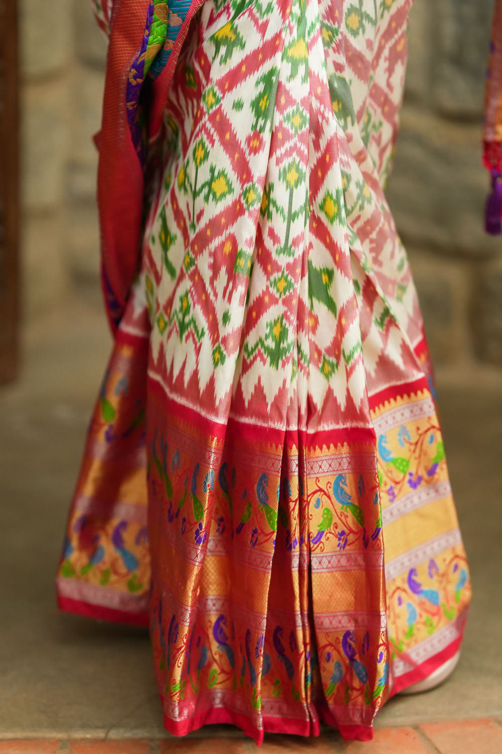 White & red exquisite Ikkat patola kanjivaram saree with paithani wide border