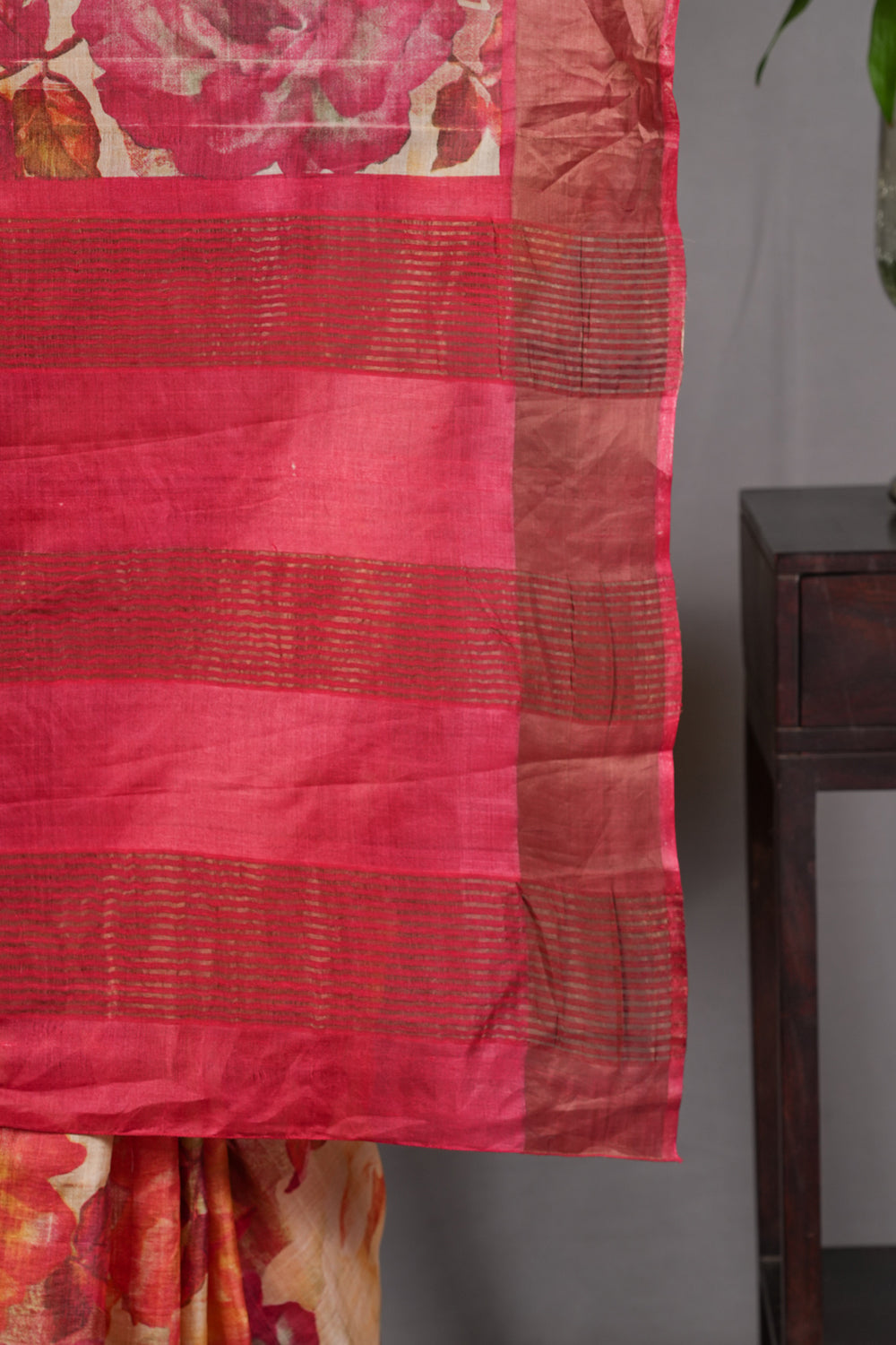 Jari Tussar Silk Saree with Floral Digital Print in Beige | SILK MARK CERTIFIED