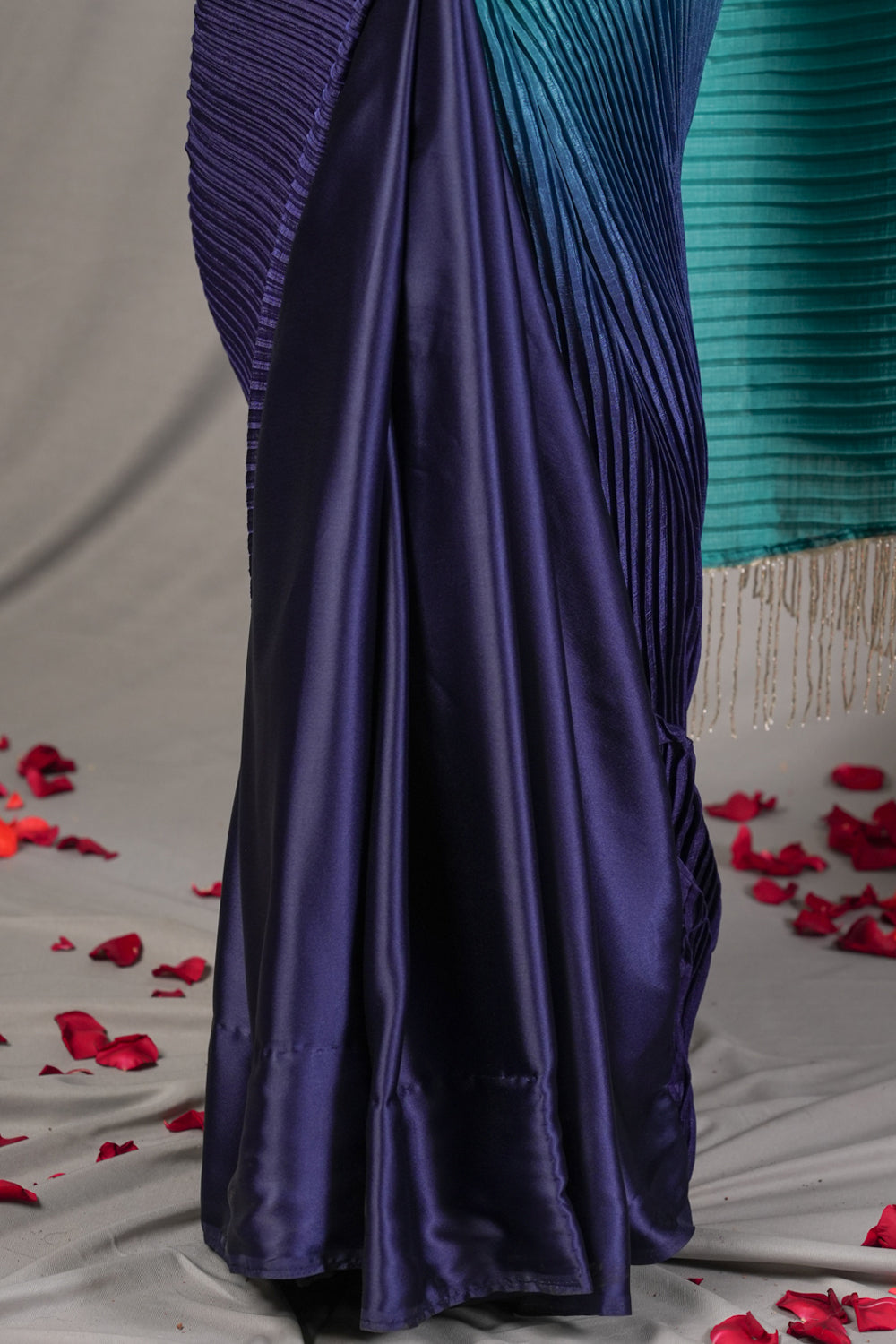 Sky blue ombre shaded pleated satin saree
