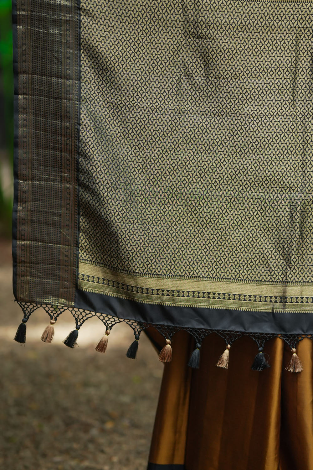 Exquisite Honey Mustard Kanjivaram Silk Saree with 2 Side 9" Stacked Borders SILK MARK CERTIFIED