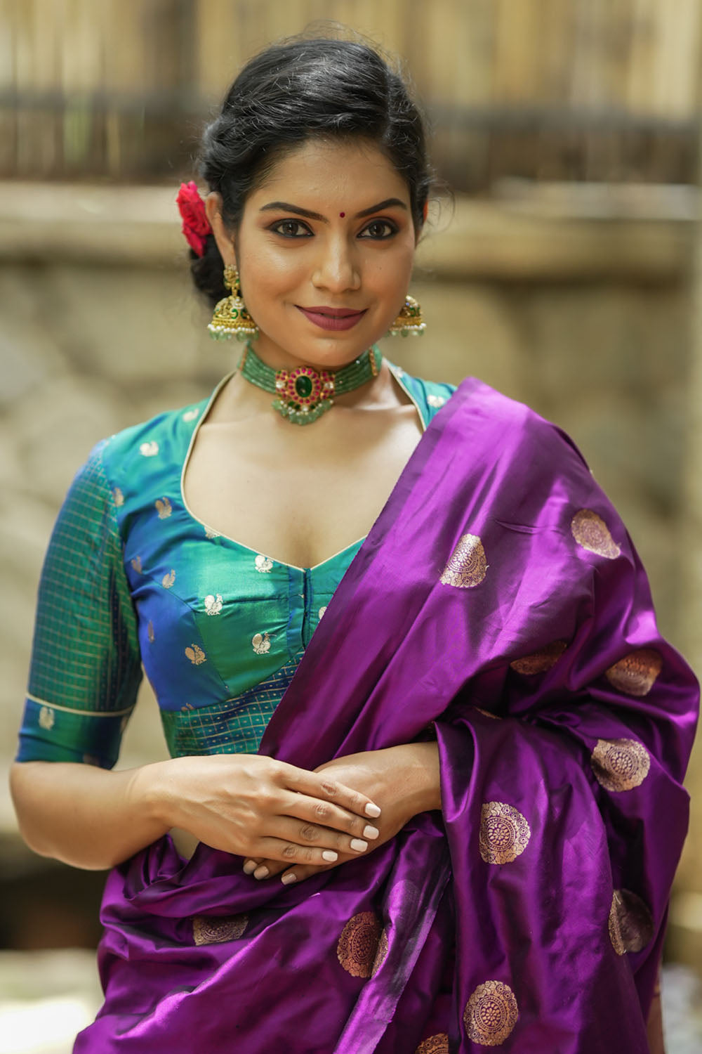 Peacock blue pure kanjivaram silk two fabric blouse.