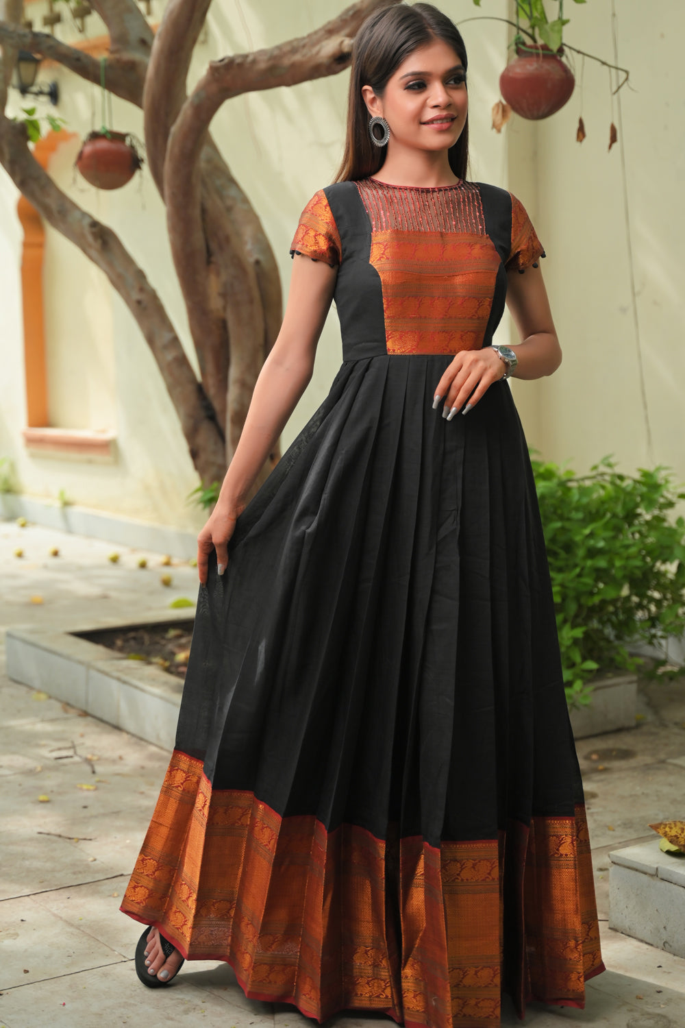 Kajal - Black, Red and Gold Narayanpet Cotton Gown with Wide Zari border and sequin Yoke handwork | Made To Order