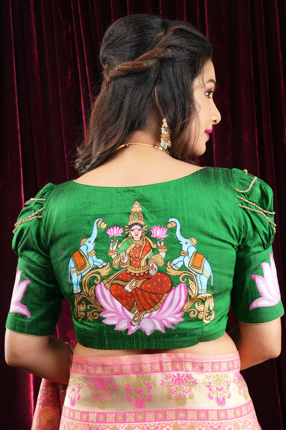 Exquisite Lakshmi Handpainted Blouse on Green Pure Raw Silk with Puff Sleeves and Crystal detailing