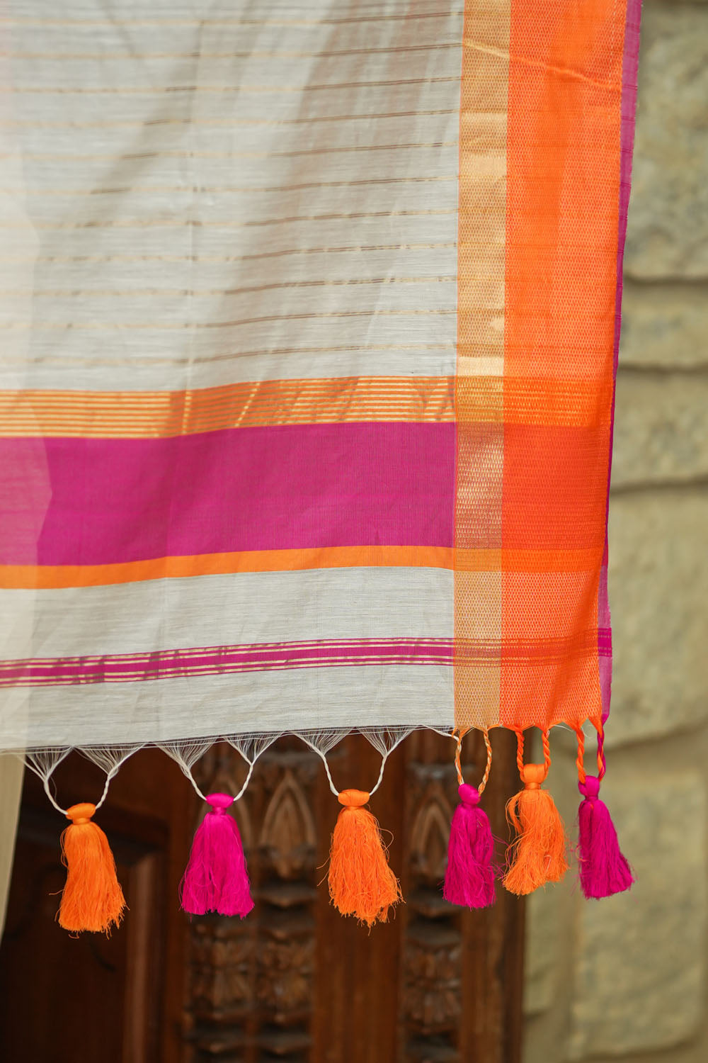 White silk maheshwari with ganga jamuna border