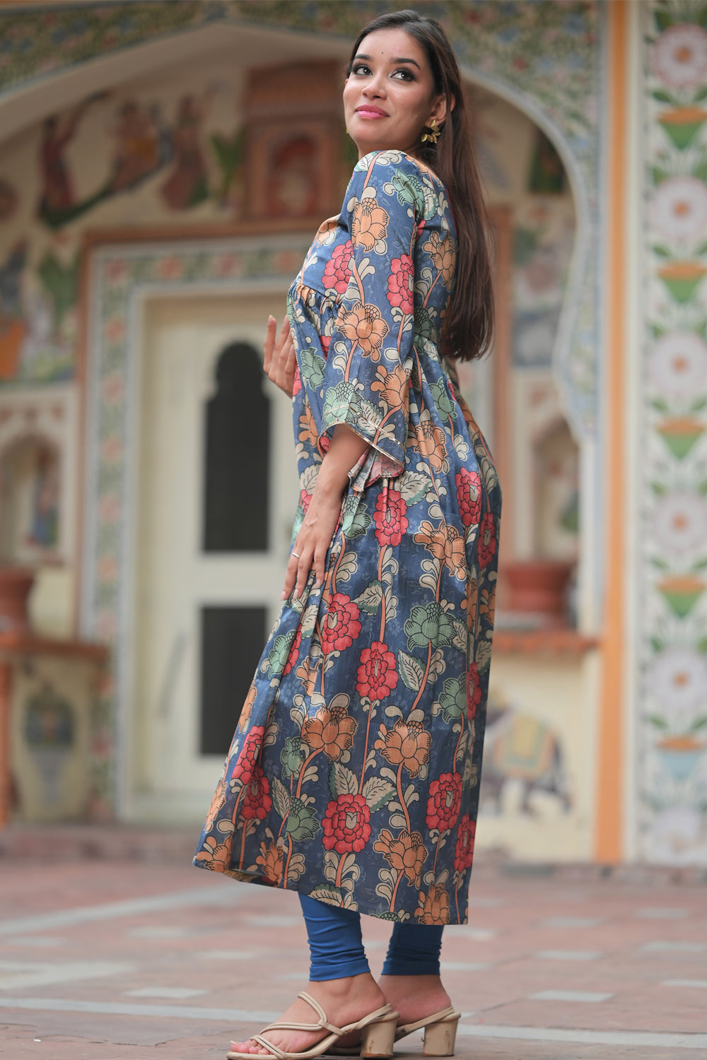 Neelam - Blue Kalamkari print fish tail yoke Kurti and Leggings - 2 piece set | Made To Order