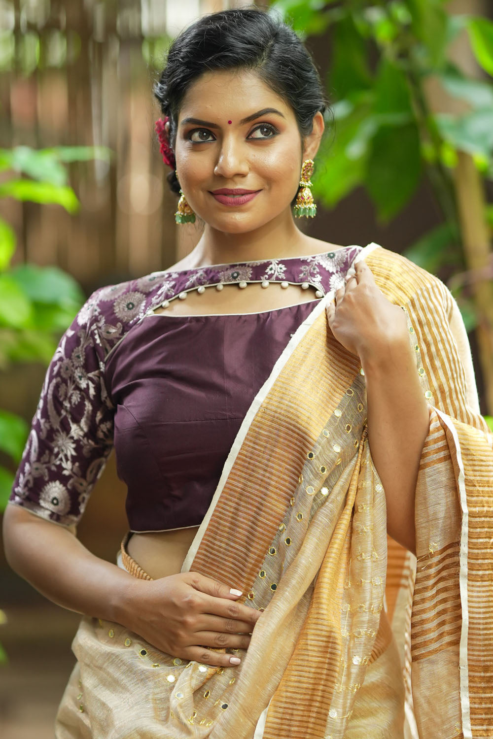Burnt maroon silk and banarasi brocade with cutout yoke design