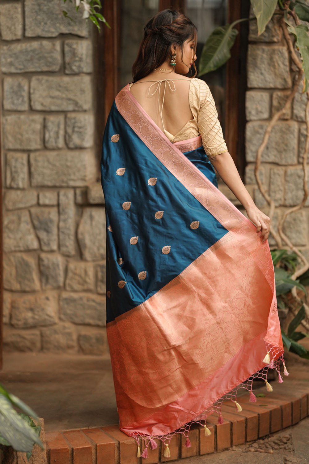 Banarasi Katan Silk Saree in Peacock Blue & Pink with Damask Motifs | SILK MARK CERTIFIED