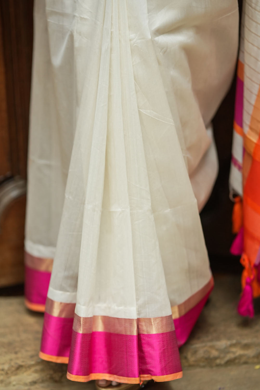 White silk maheshwari with ganga jamuna border
