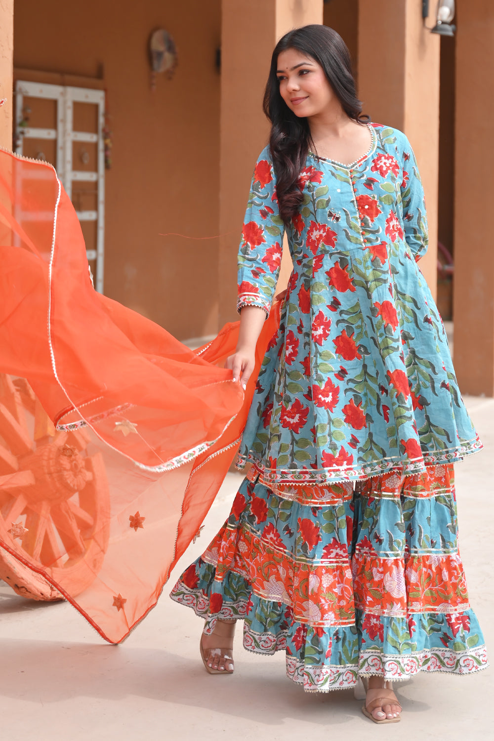 Firozi Papaya Kurti and Flair Sharara Cotton Set with Lace detailing border 3 PIece Set | Made To Order