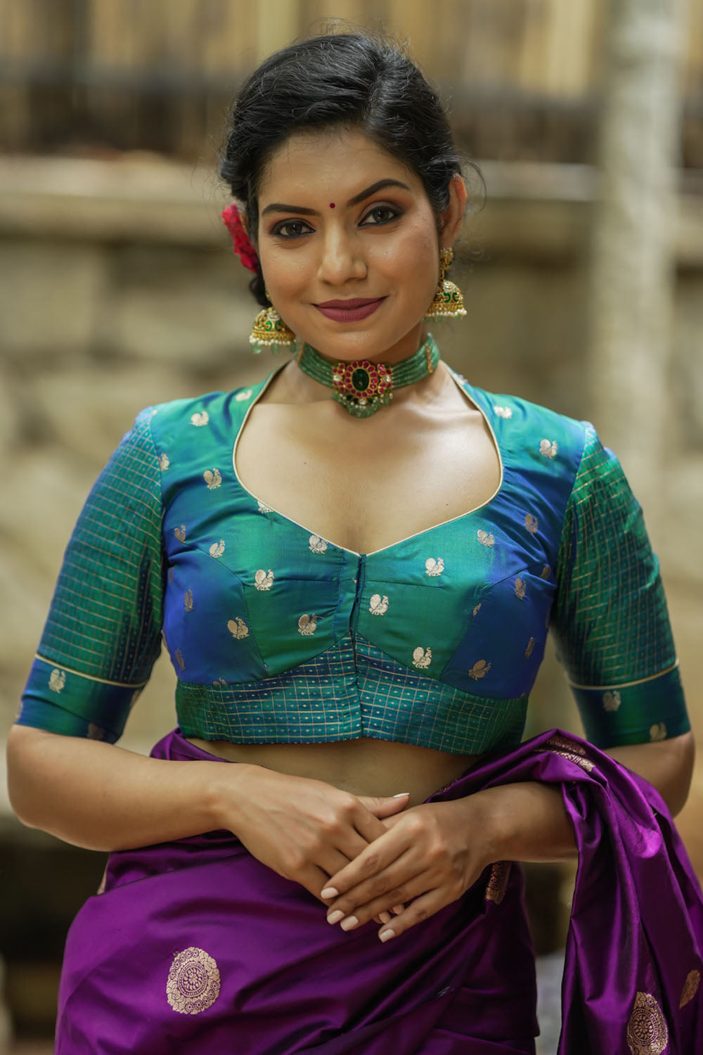 Peacock blue pure kanjivaram silk two fabric blouse.
