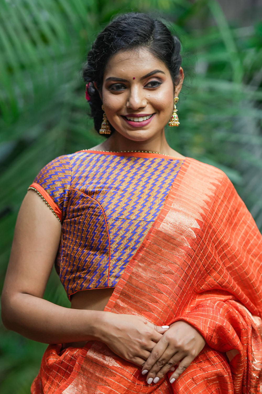 orange and purple blouse
