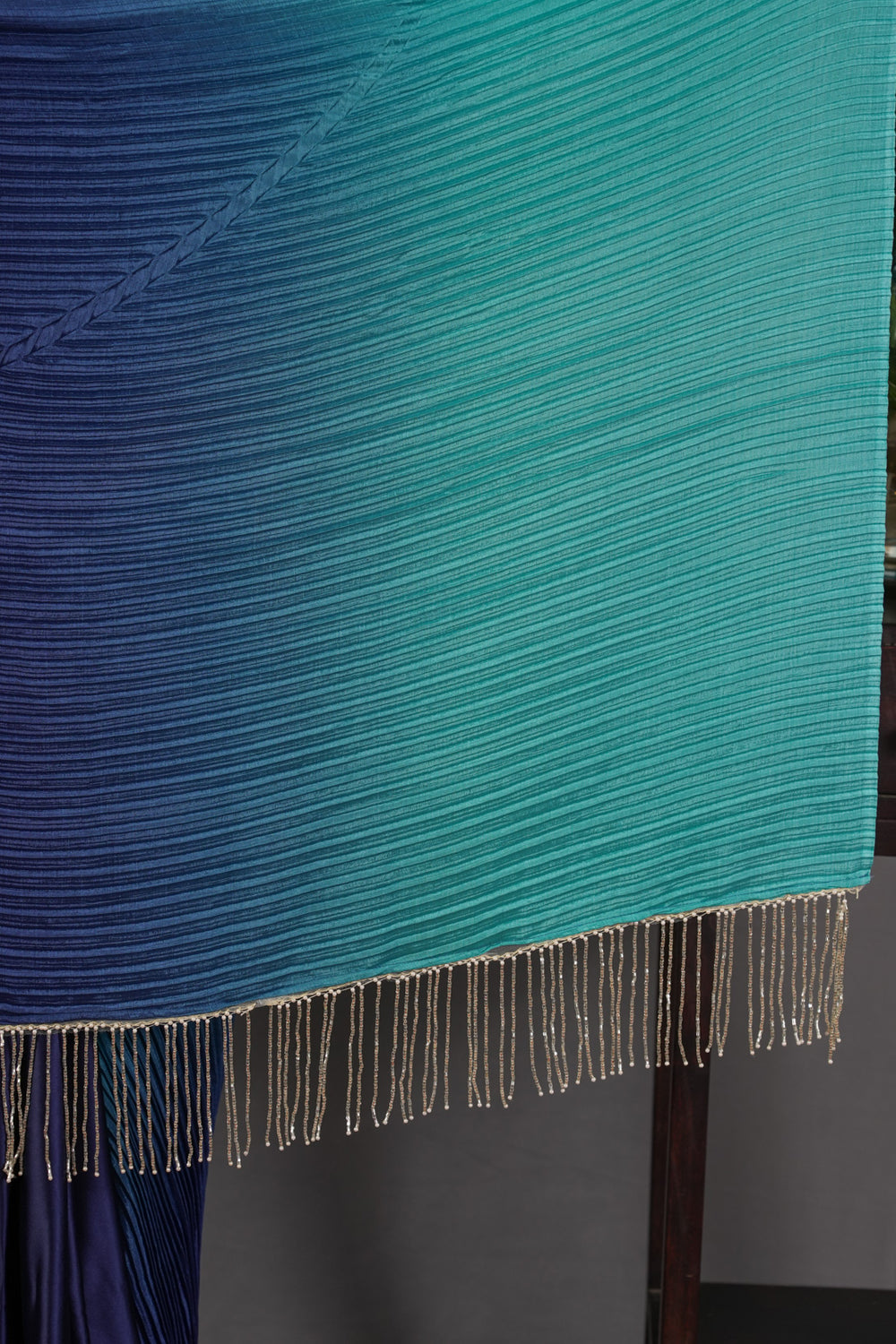 Sky blue ombre shaded pleated satin saree
