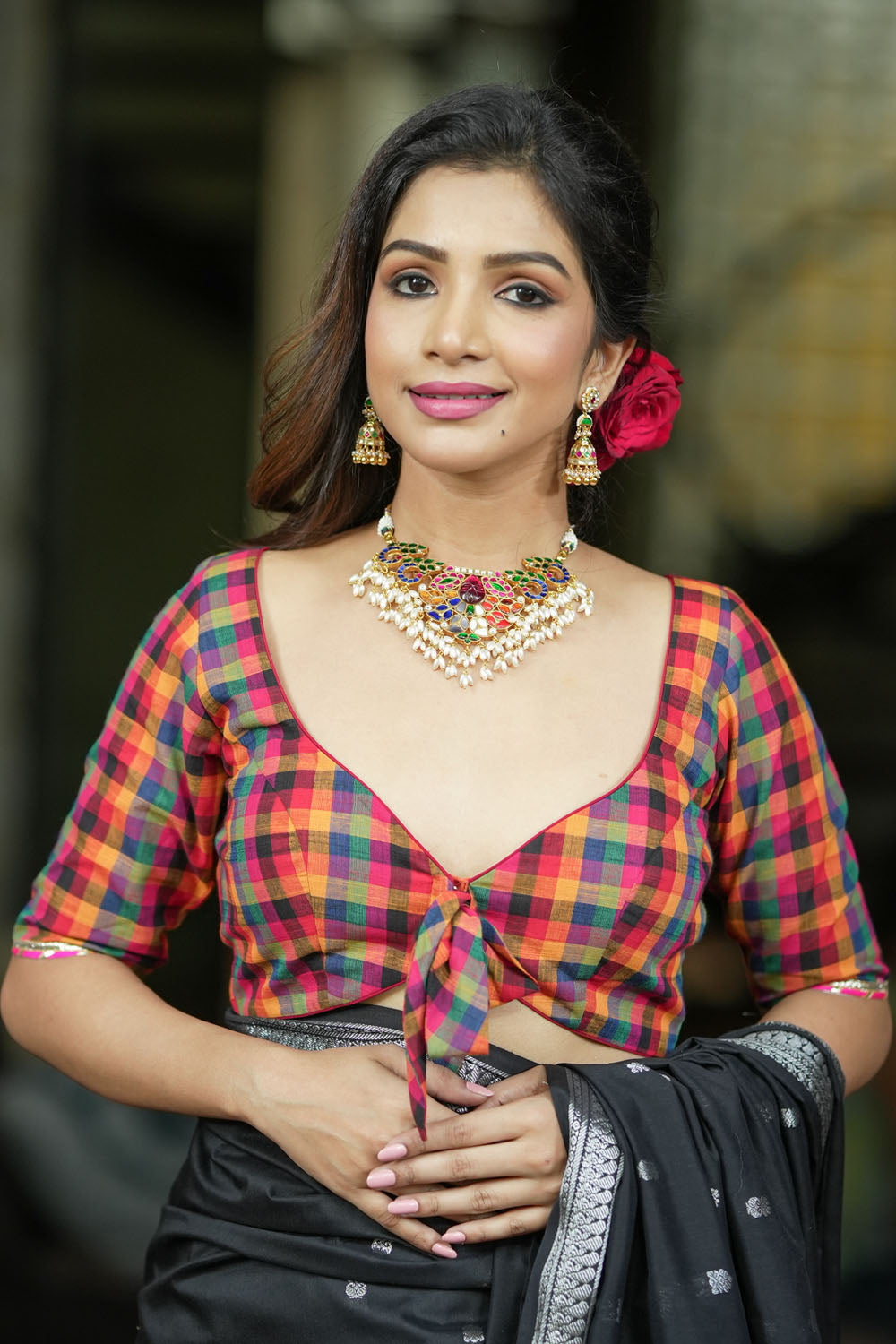 Multicolor front tie V neck blouse