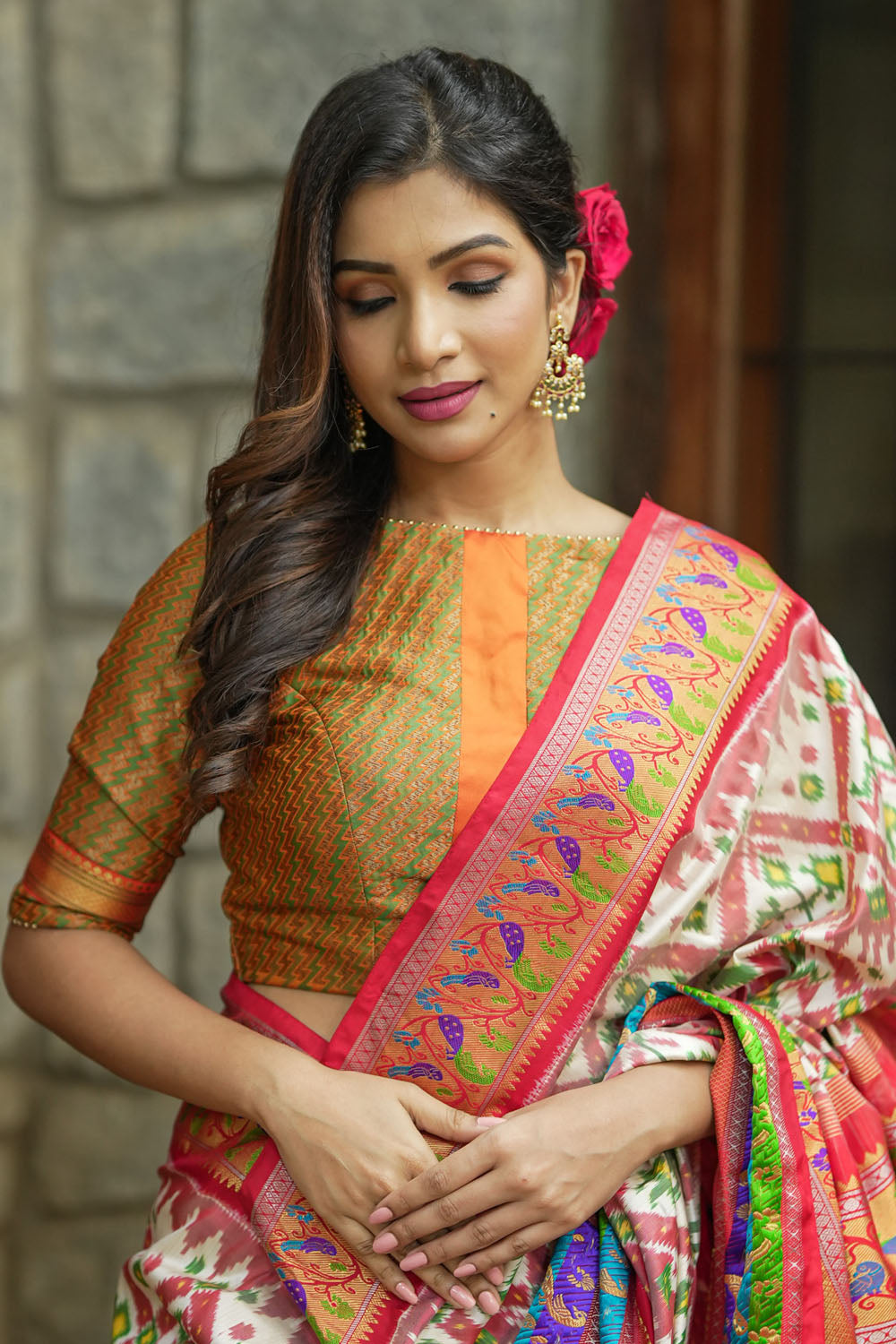 Green jacquard orange brocade boatneck blouse with plain silk detailing