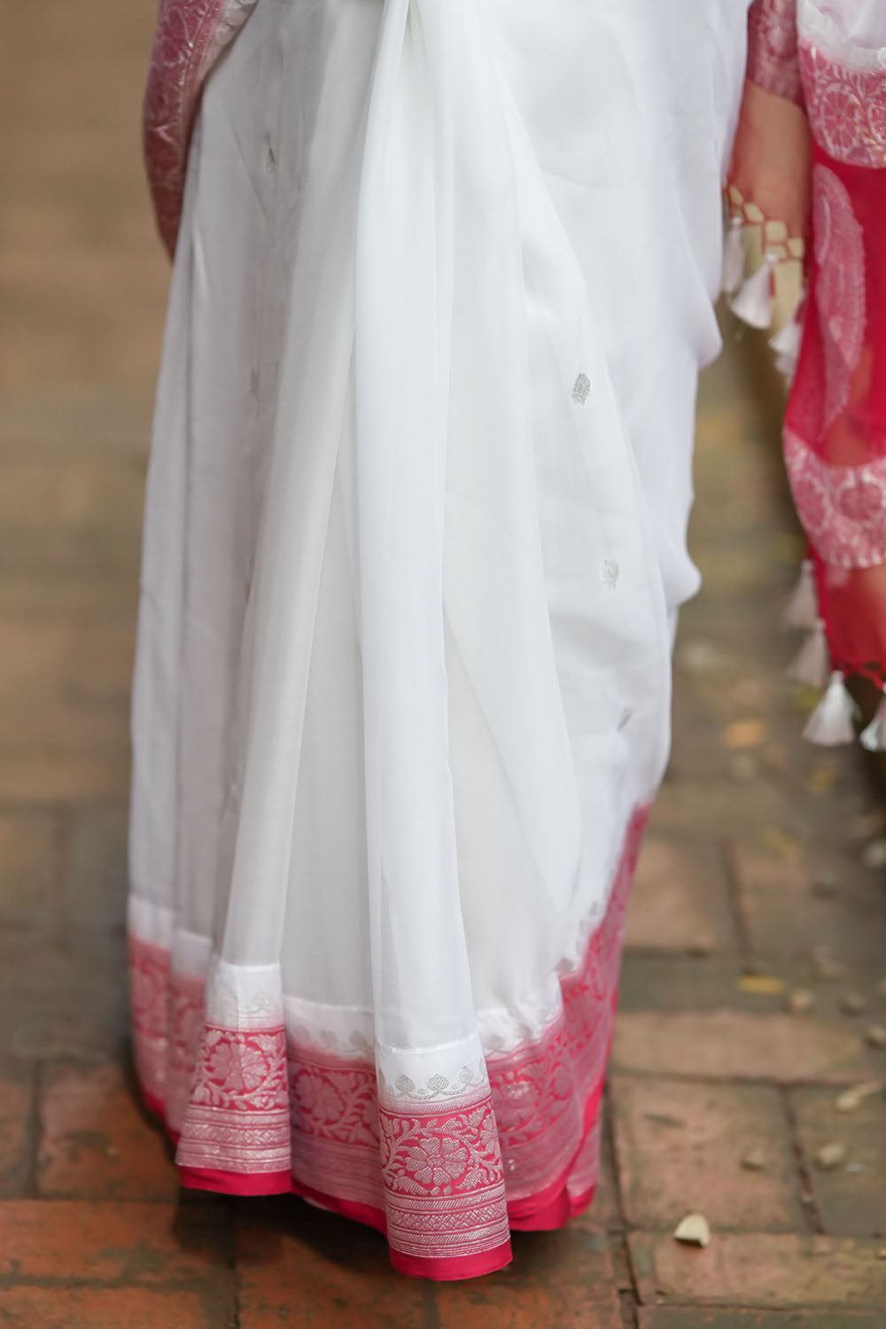 Pure Banarasi Silk Chiffon in White and Deep Red/SILK MARK CERTIFIED