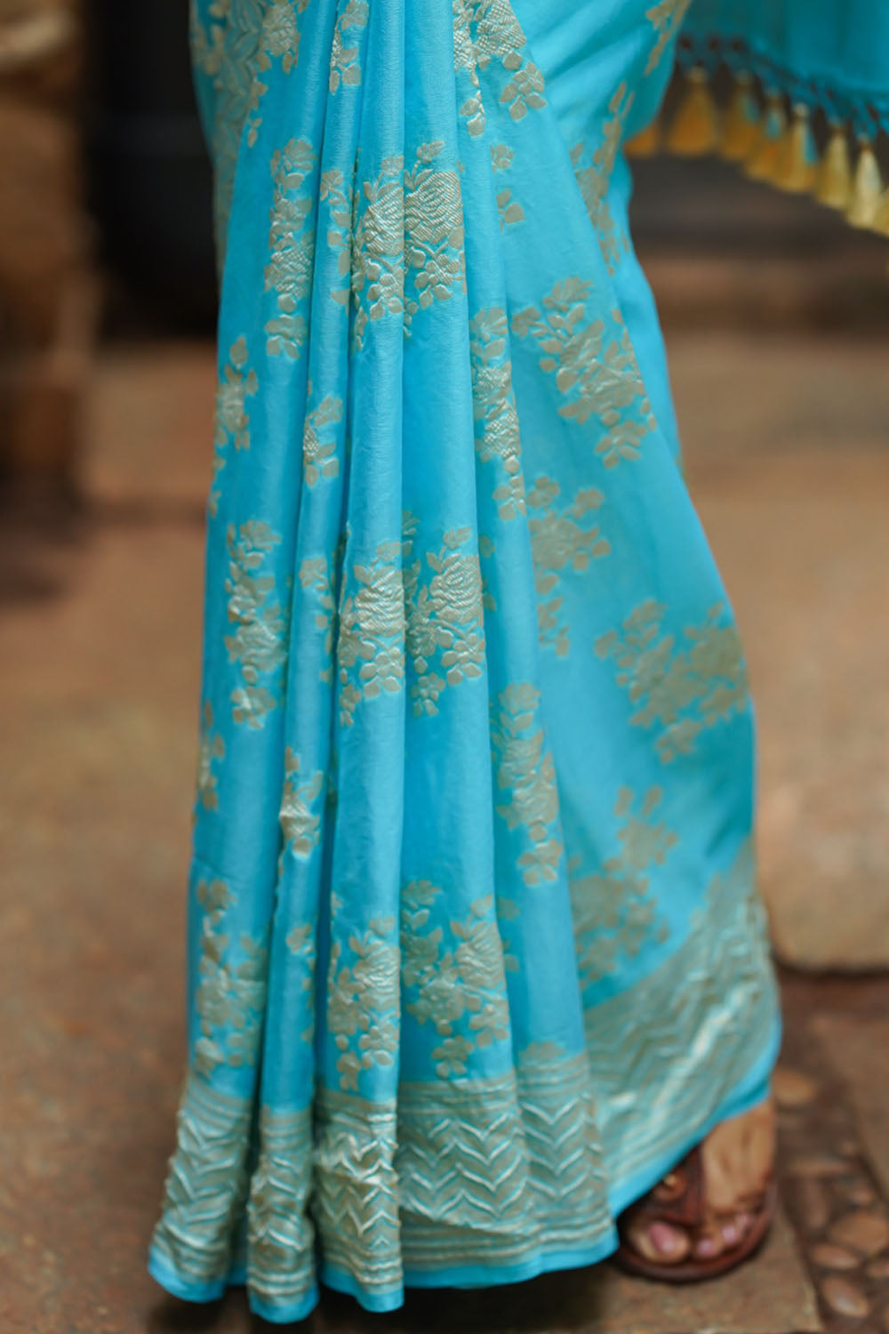 Turquoise Pure Silk Georgette Saree with Rose Jaal | SILK MARK CERTIFIED