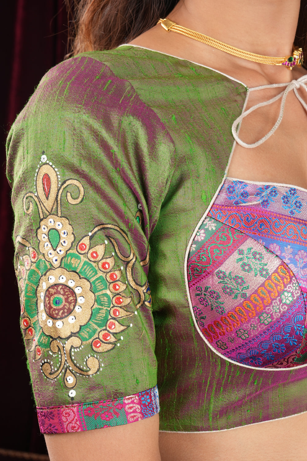 Nizam Jewelry Handpainted Blouse in Green pink Pure Raw silk with multicolor brocade bustier detailing