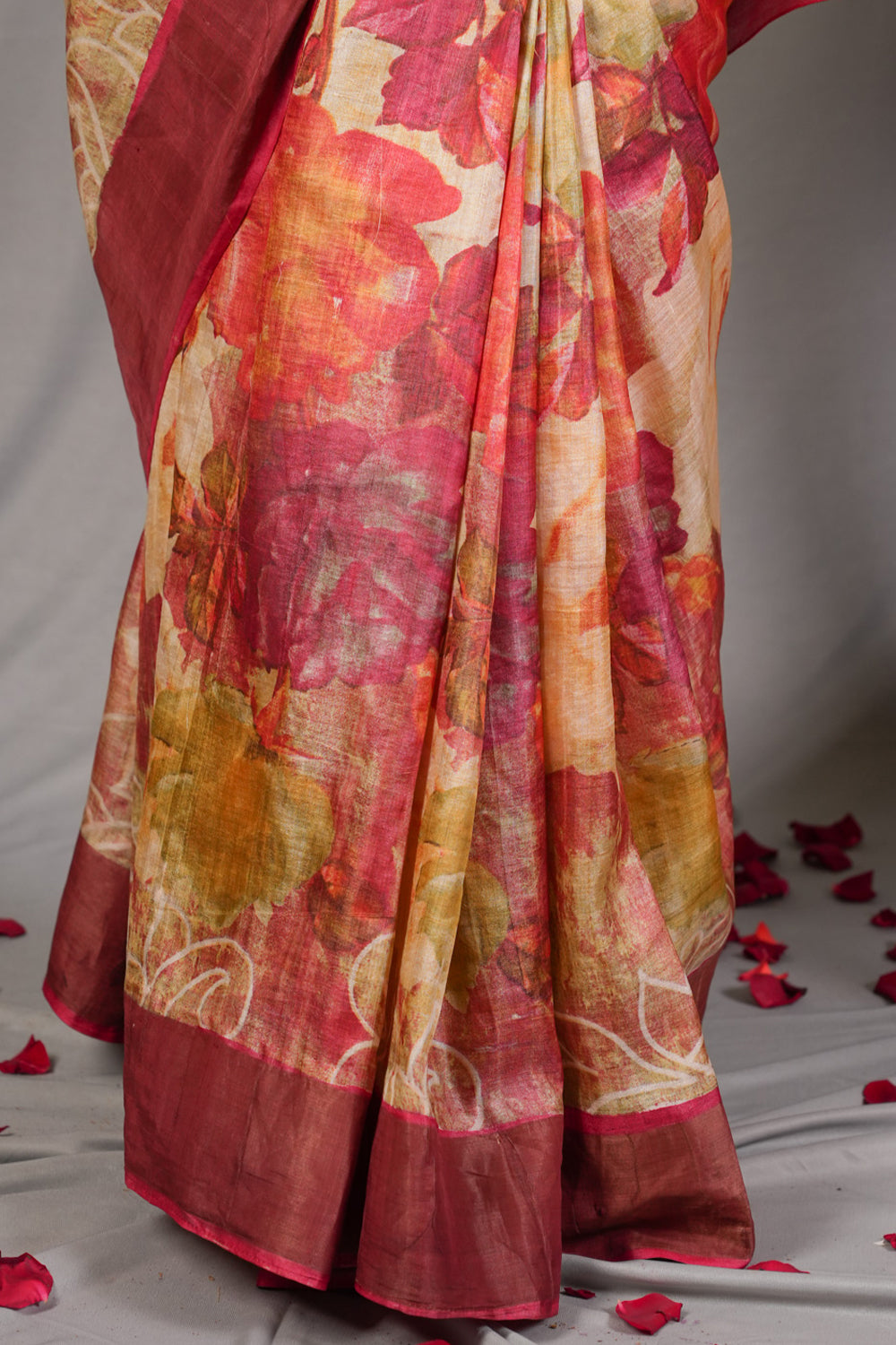 Jari Tussar Silk Saree with Floral Digital Print in Beige | SILK MARK CERTIFIED