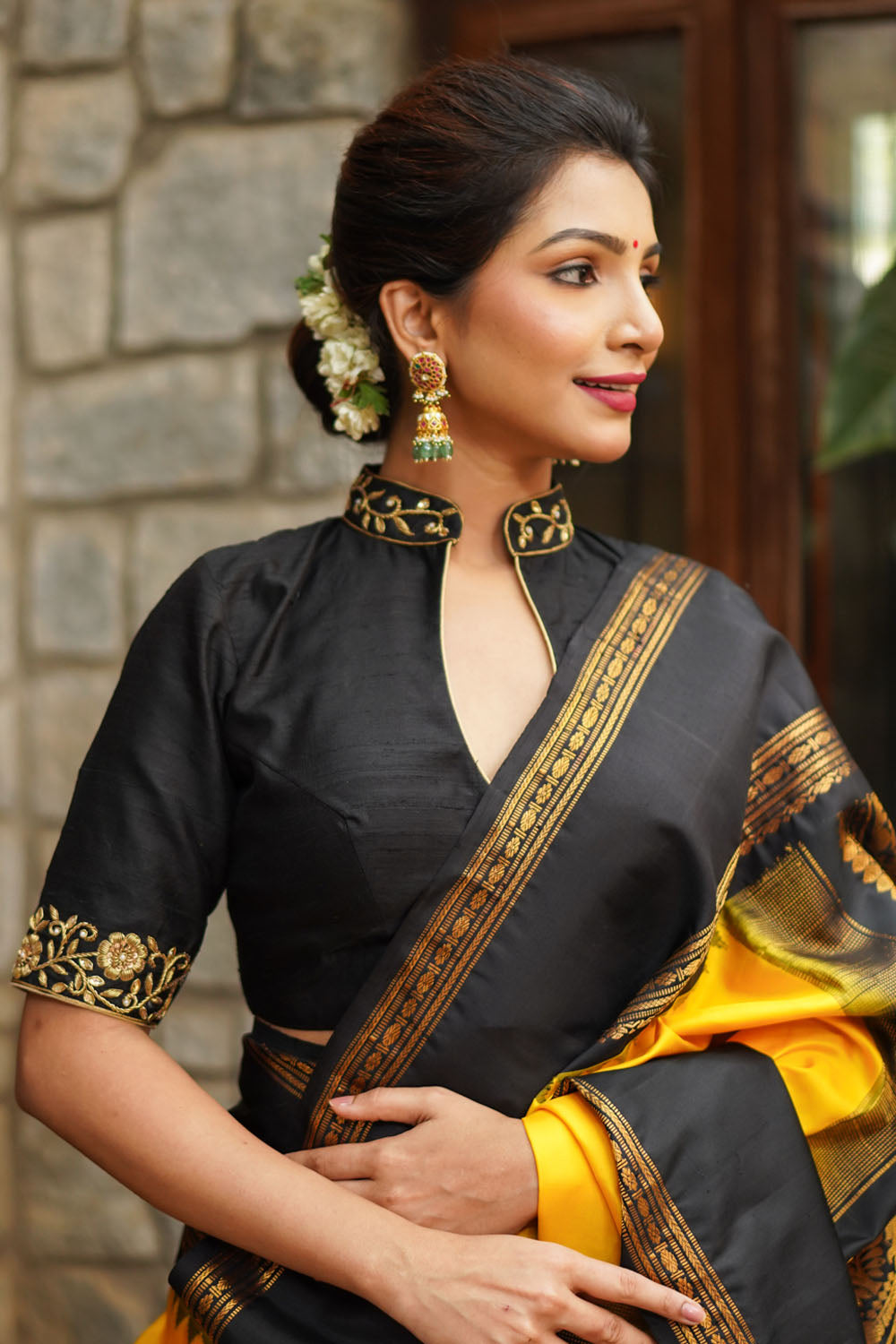 Black raw silk chinese collar blouse with zardosi Work