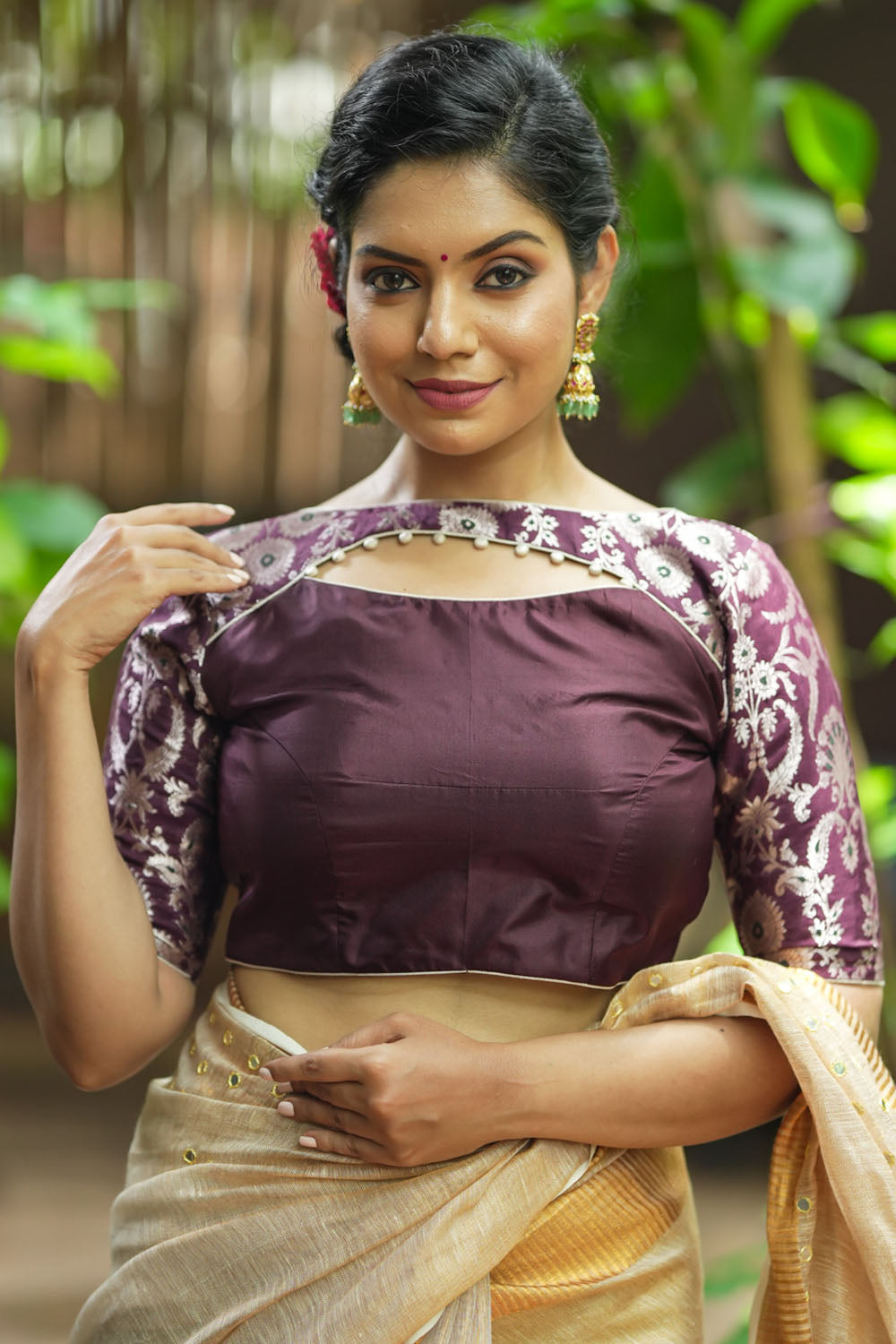 Burnt maroon silk and banarasi brocade with cutout yoke design