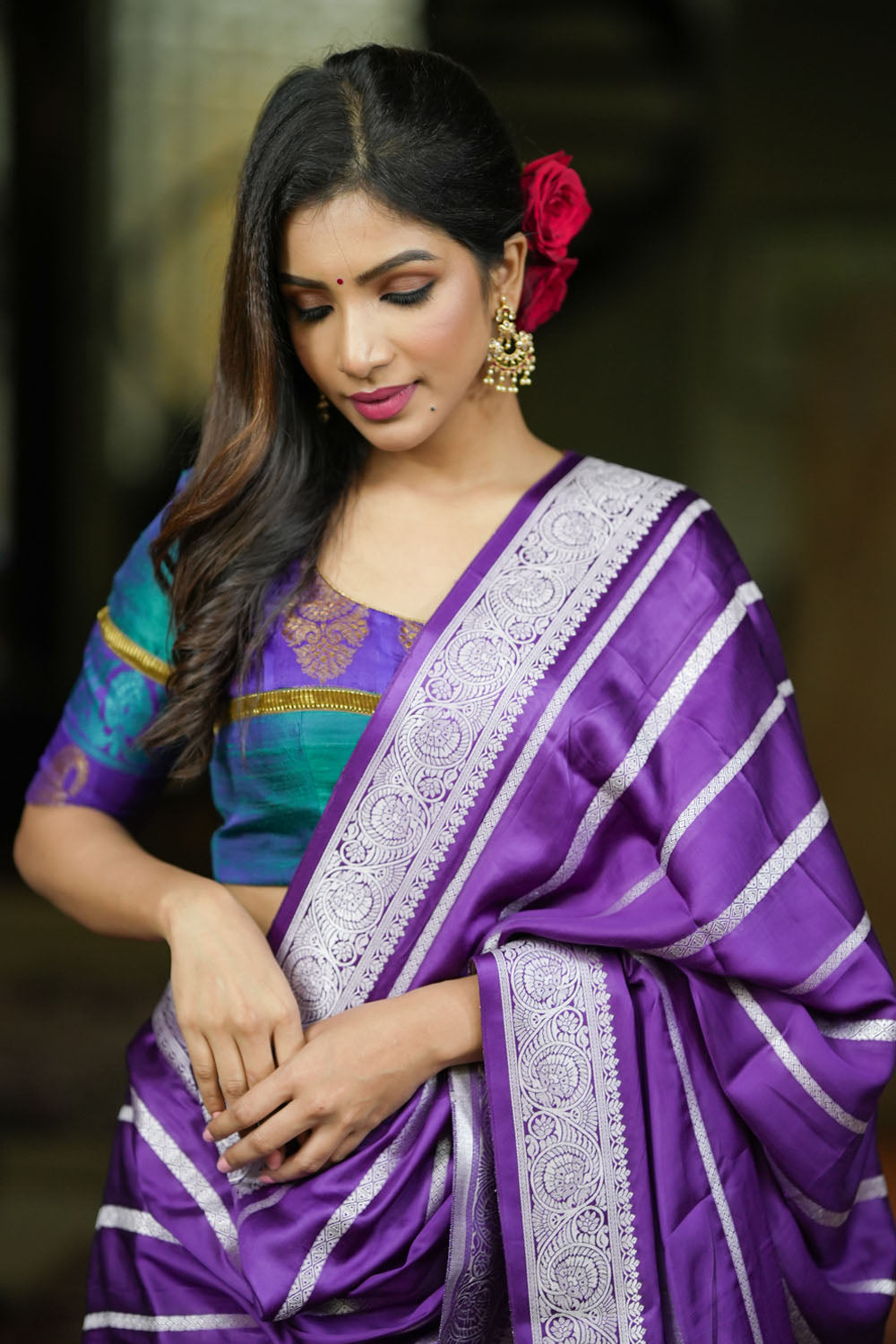 Peacock blue rawsilk with purple brocade U neck Blouse
