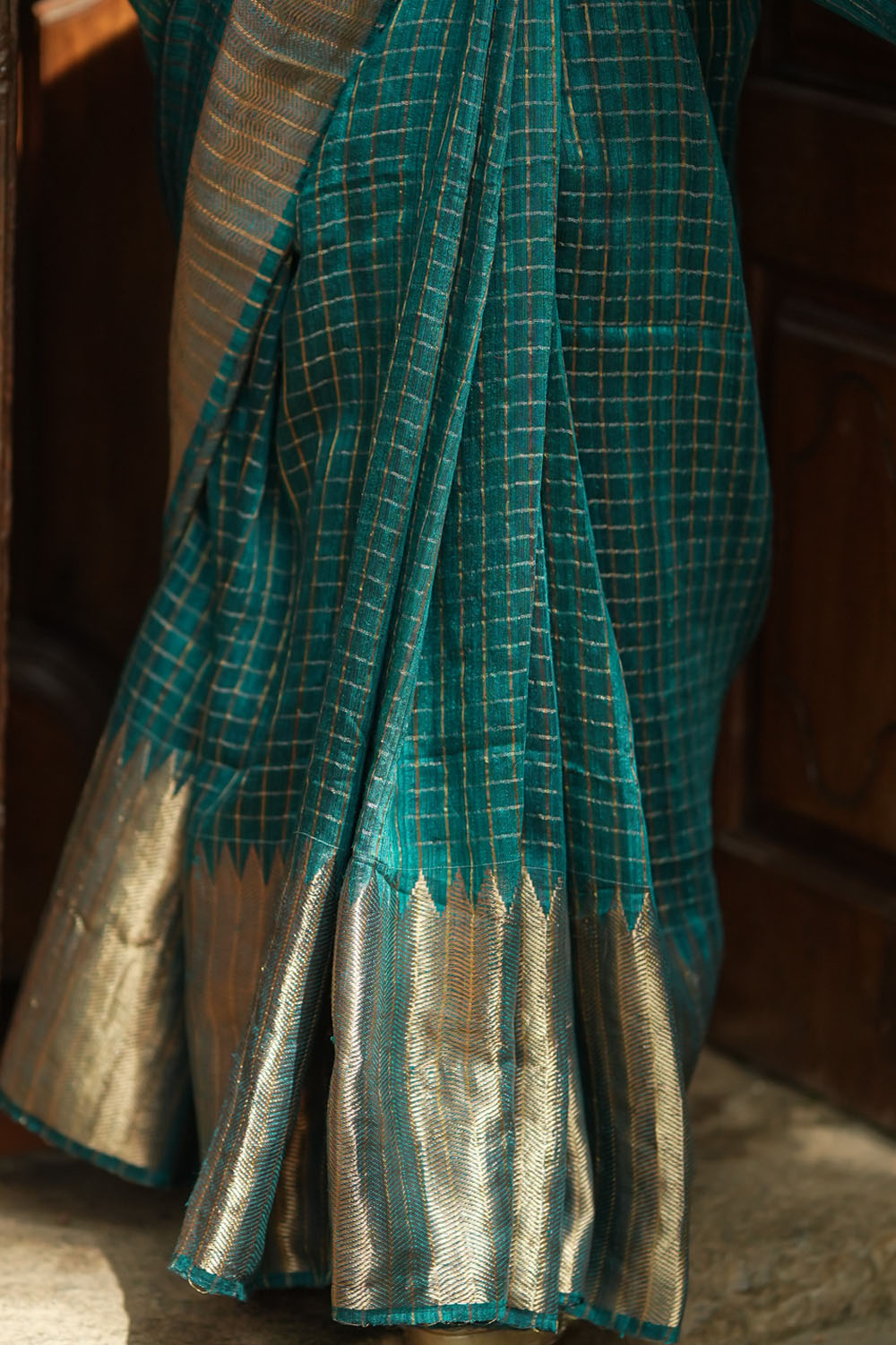 Rama green matka silk with zari checks and wide zari temple border Saree