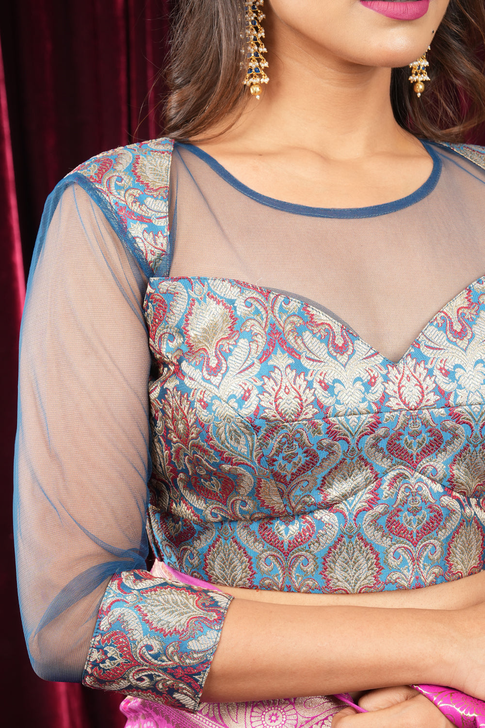 Blue and red banarasi brocade blouse with sheer yoke and sleeves