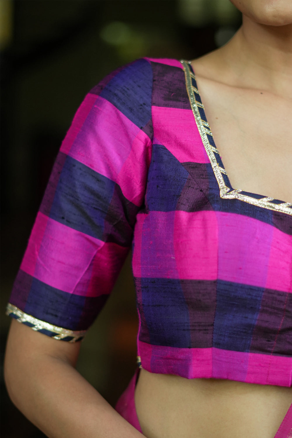 Navy blue, pink checked pure rawsilk with crisscross tie