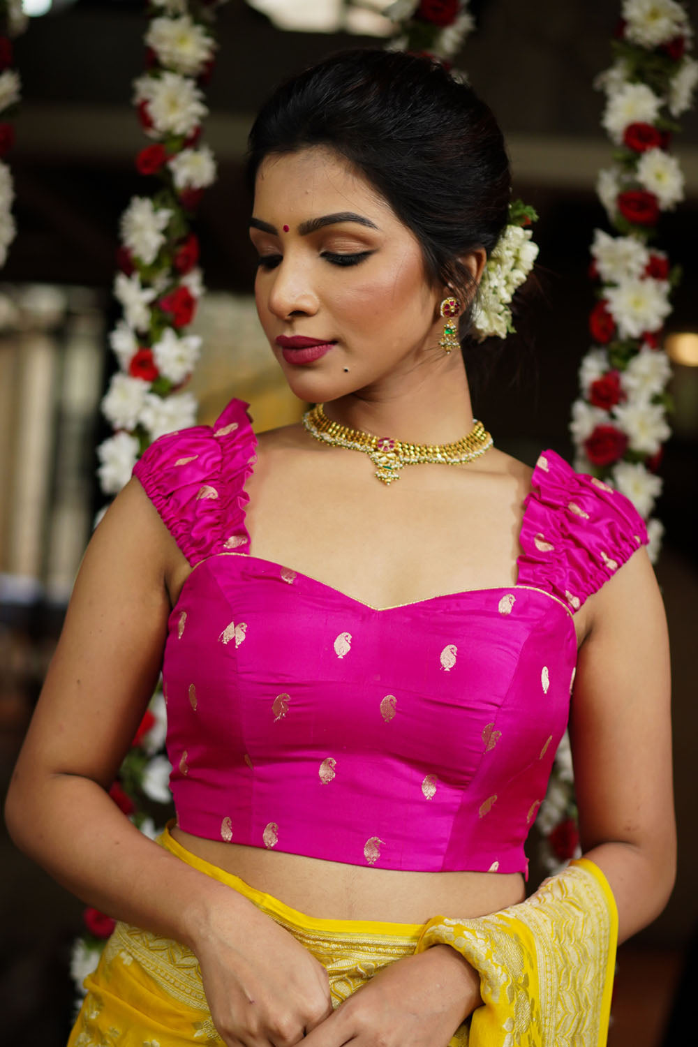 Fuchsia pink pure silk bustier blouse with gold motifs