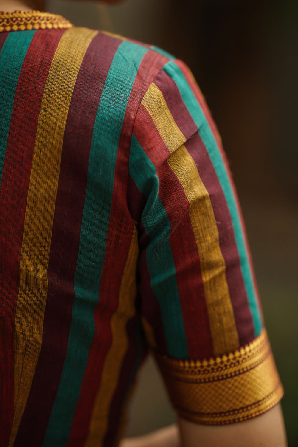 Multicolour stripes handloom cotton deep V neck blouse  with border